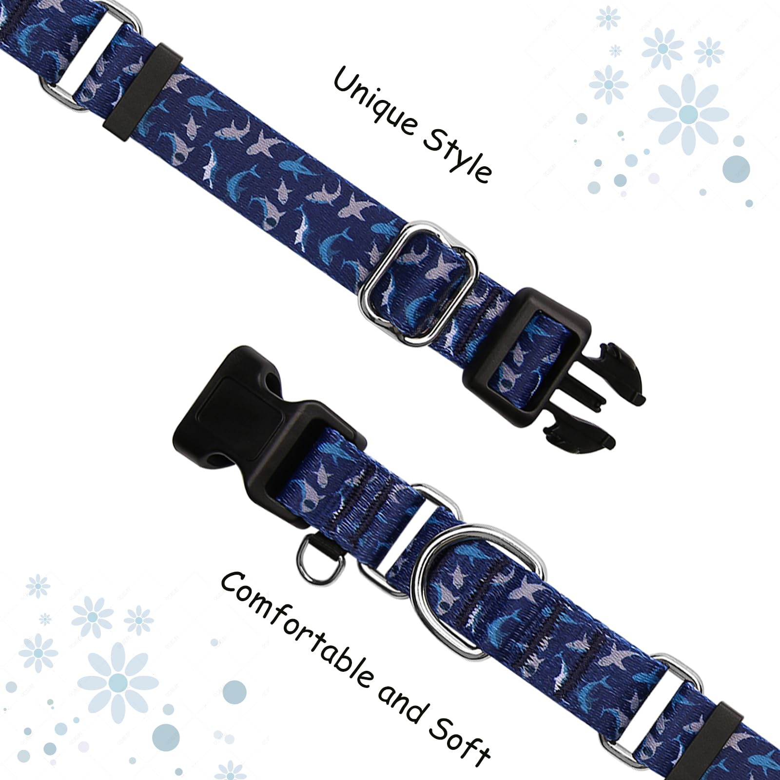 Fidohug Martingale Collar For Dogs With Buckle Shark Dog Collar Adjustable Soft Nylon Boy Dog Collars For Small Dogs, Deep Blue