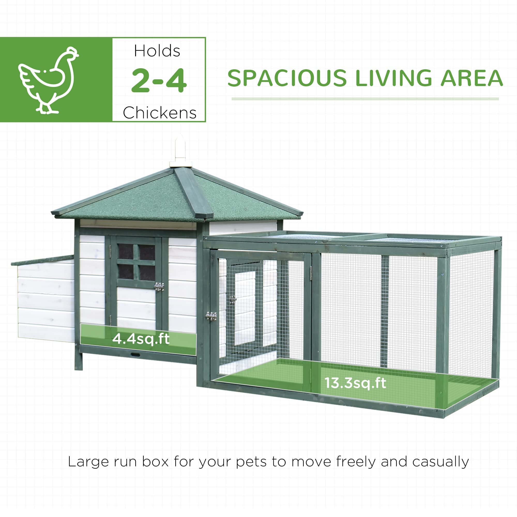 Pawhut 77' Wooden Chicken Coop With Nesting Box, Cute Outdoor Hen House With Removable Tray, Ramp Run, For Garden Backyard, Green