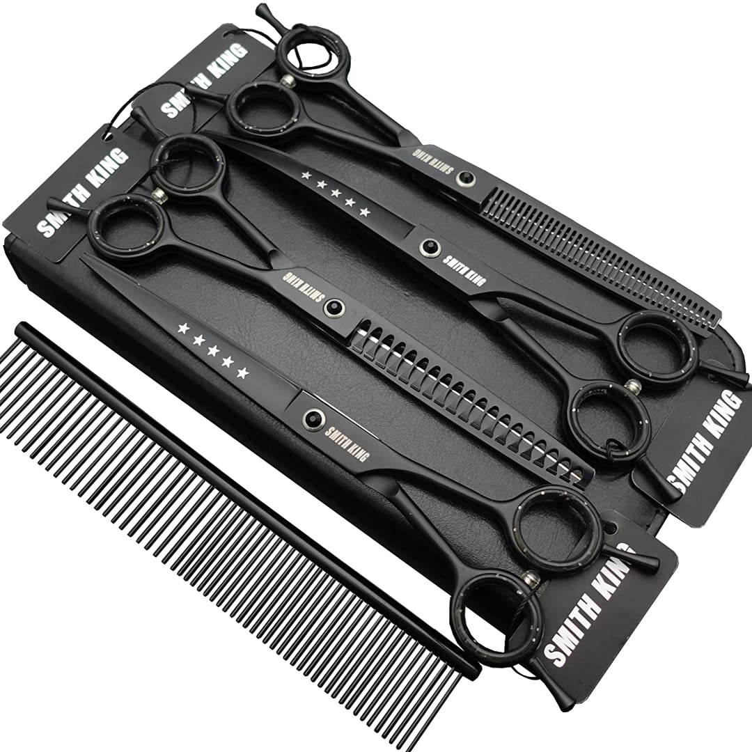 7.0 Inches Professional Dog Grooming Scissors Set Straight & Thinning & Curved & Chunkers & Comb 5Pcs In 1 Set For Left-Handed & Right Handed Black