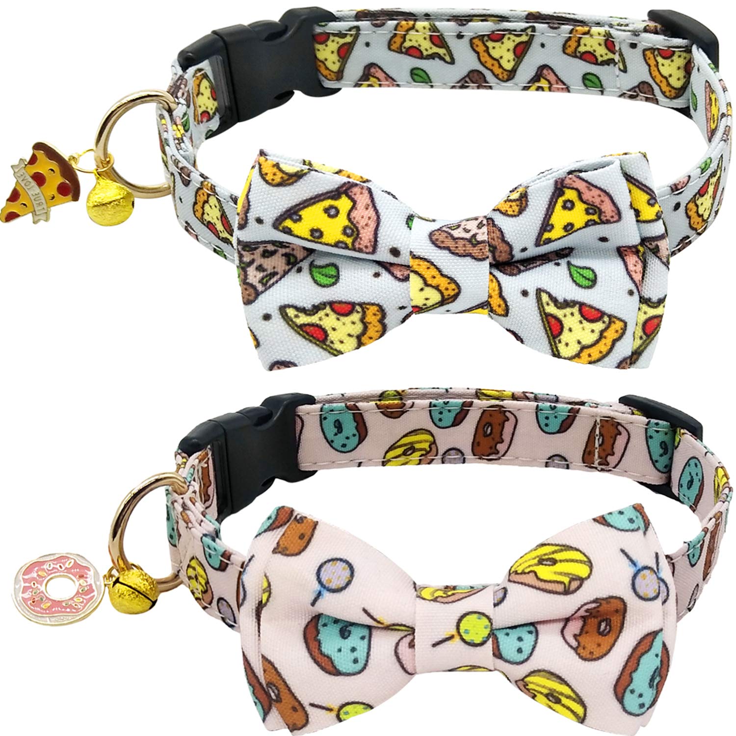 Kudes 2 Pack Print Dog Collars With Bow Tie, Adjustable Dog Collar With Bells And Charm Safety Buckle Cute Pet Collars For Small/Medium/Large Dogs And Cats Boys Girls