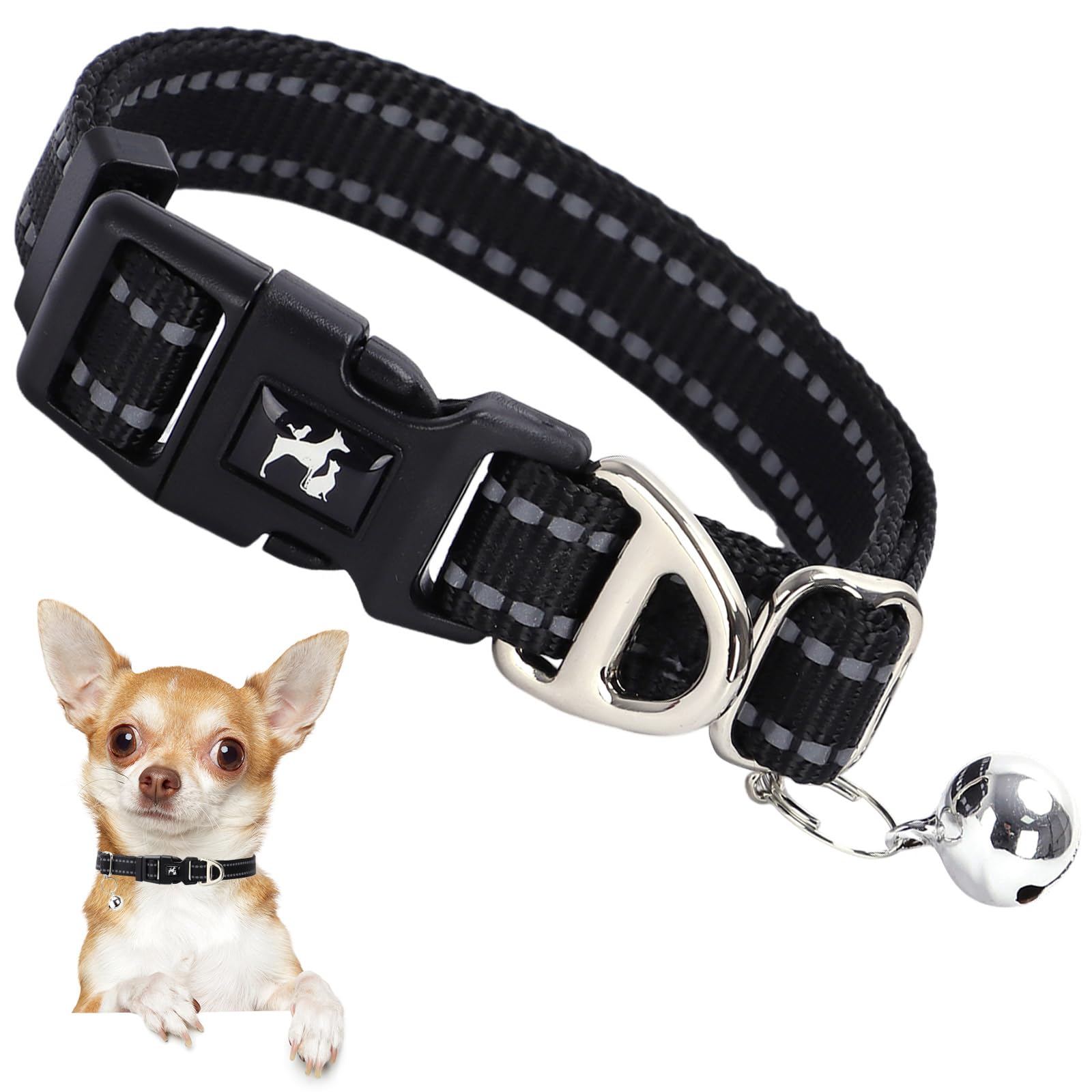 Onefojojo Small Dog Collar With Bell Reflective - Adjustable Puppy Collar For Nighttime Walks, Cute Basic Nylon Collar For Chihu