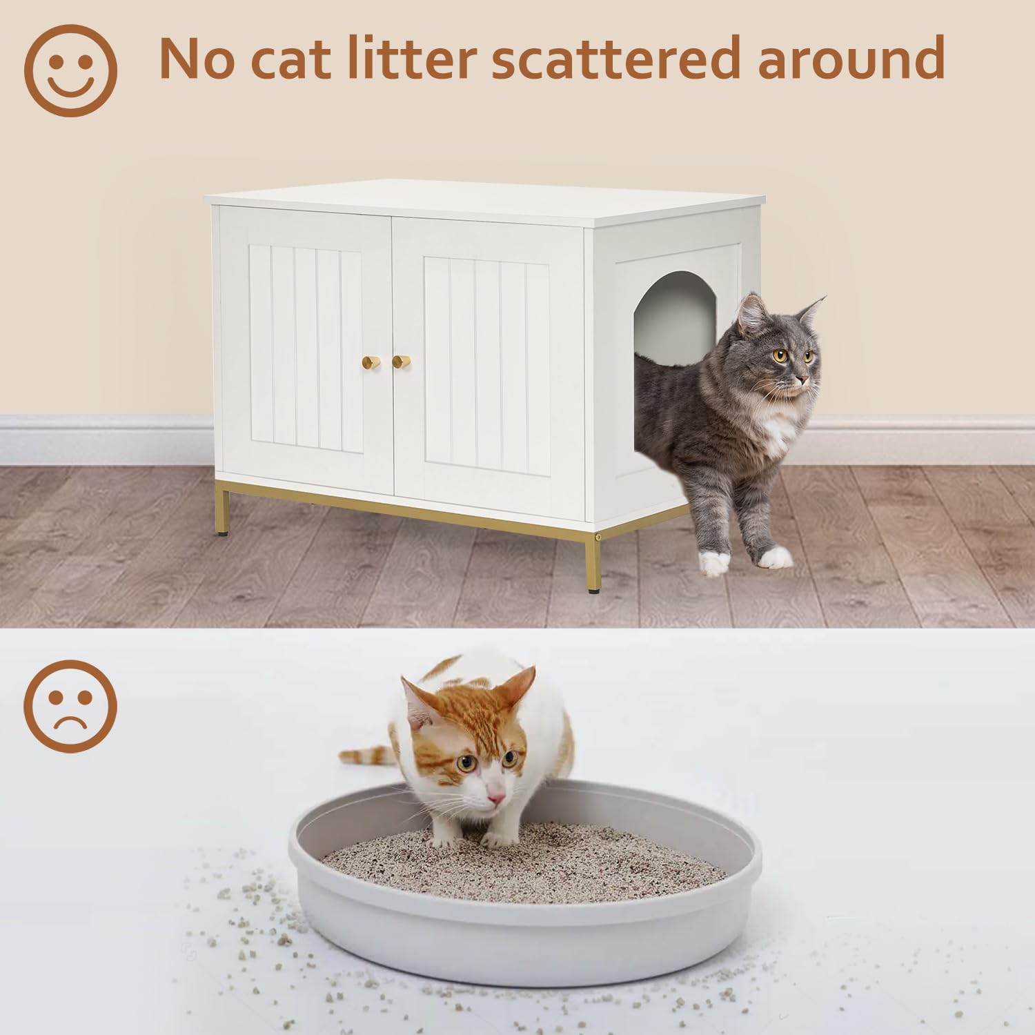 Homhedy Cat Litter Box Enclosure, Cat Washroom Furniture With Metal Frame, Pet House, Fit Most Of Litter Box, Modern Style, Whit