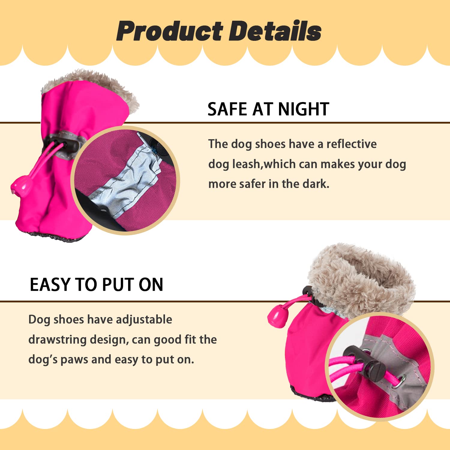 LUZGAT Dog Snow Boots for Small Medium Dogs, Anti-Slip, Plush, Size 3, Pink, Pack of 4