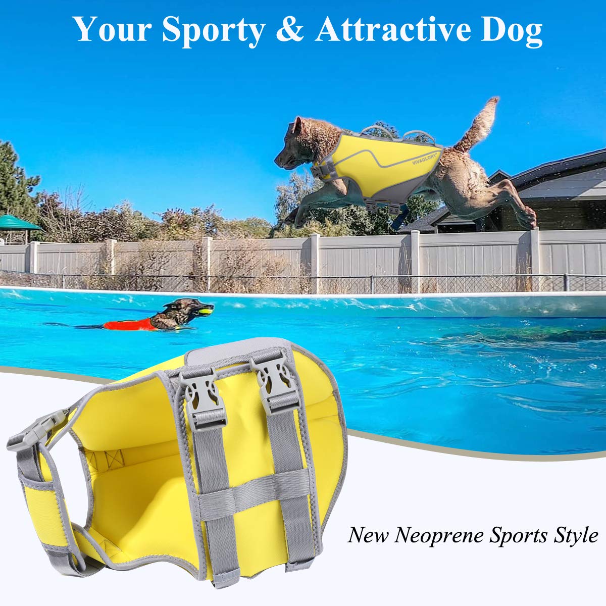 Vivaglory Neoprene Dog Life Jacket Dog Flotation Vest For Boating Hunting & Swimming, Lightweight With Leash Ring, L, Yellow