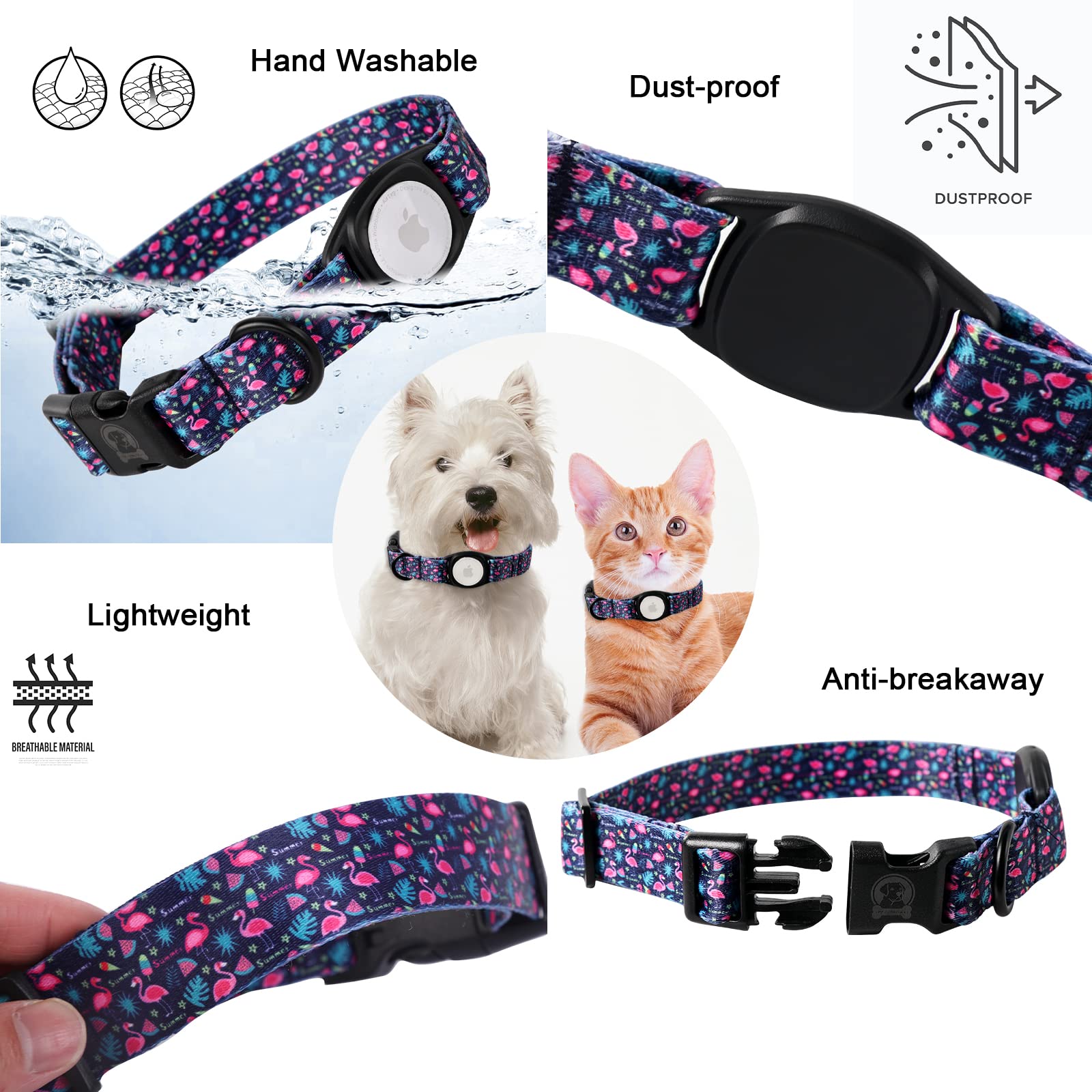 Mr.Chubbyface Spring Summer Dog Collar With Apple Airtag Holder Flamingos Dog Collar For Small Medium Large Boy Girl Dogs