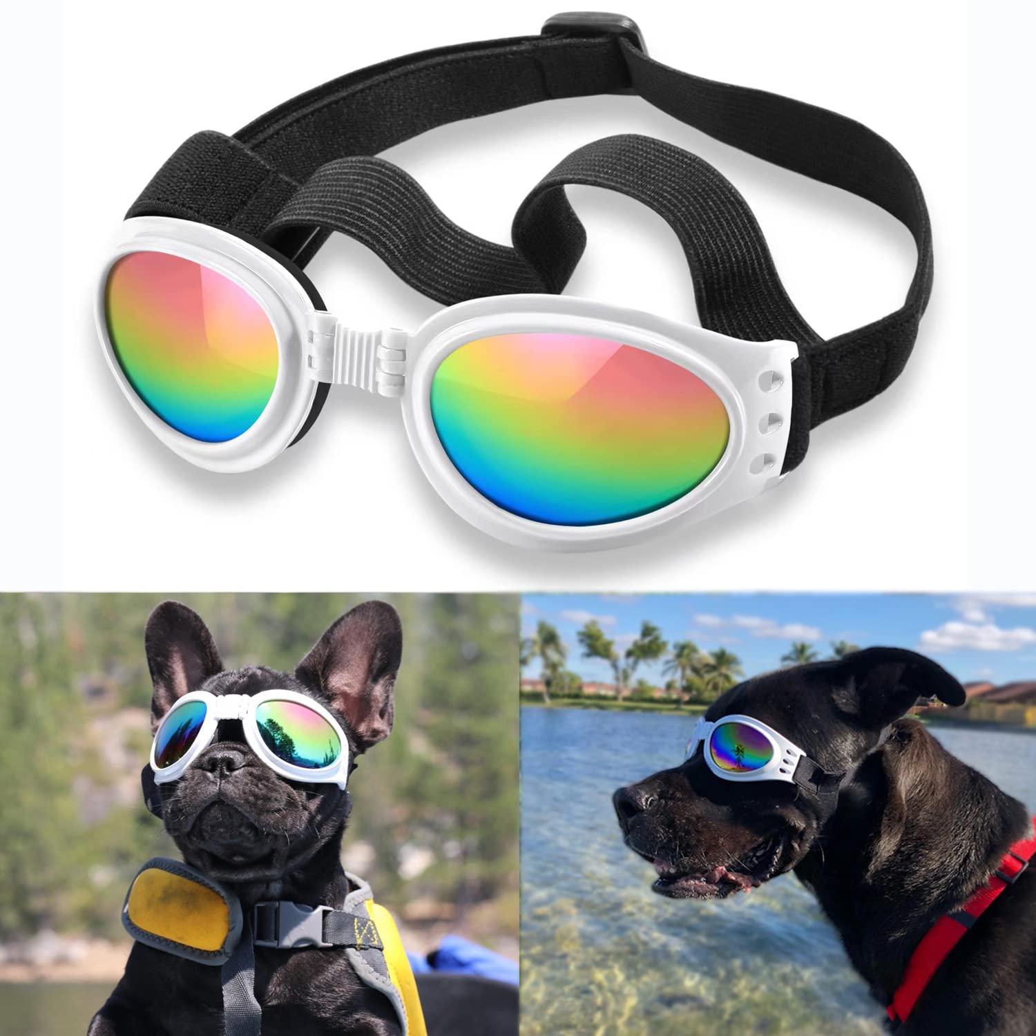Qumy Dog Sunglasses Dog Goggles For Medium Large Breed Dogs, Wind Dust Fog Protection Eye Wear Pet Glasses With Adjustable Strap For Motorcycle Car Driving Bike Riding Hiking Swimming Over 15Lbs White
