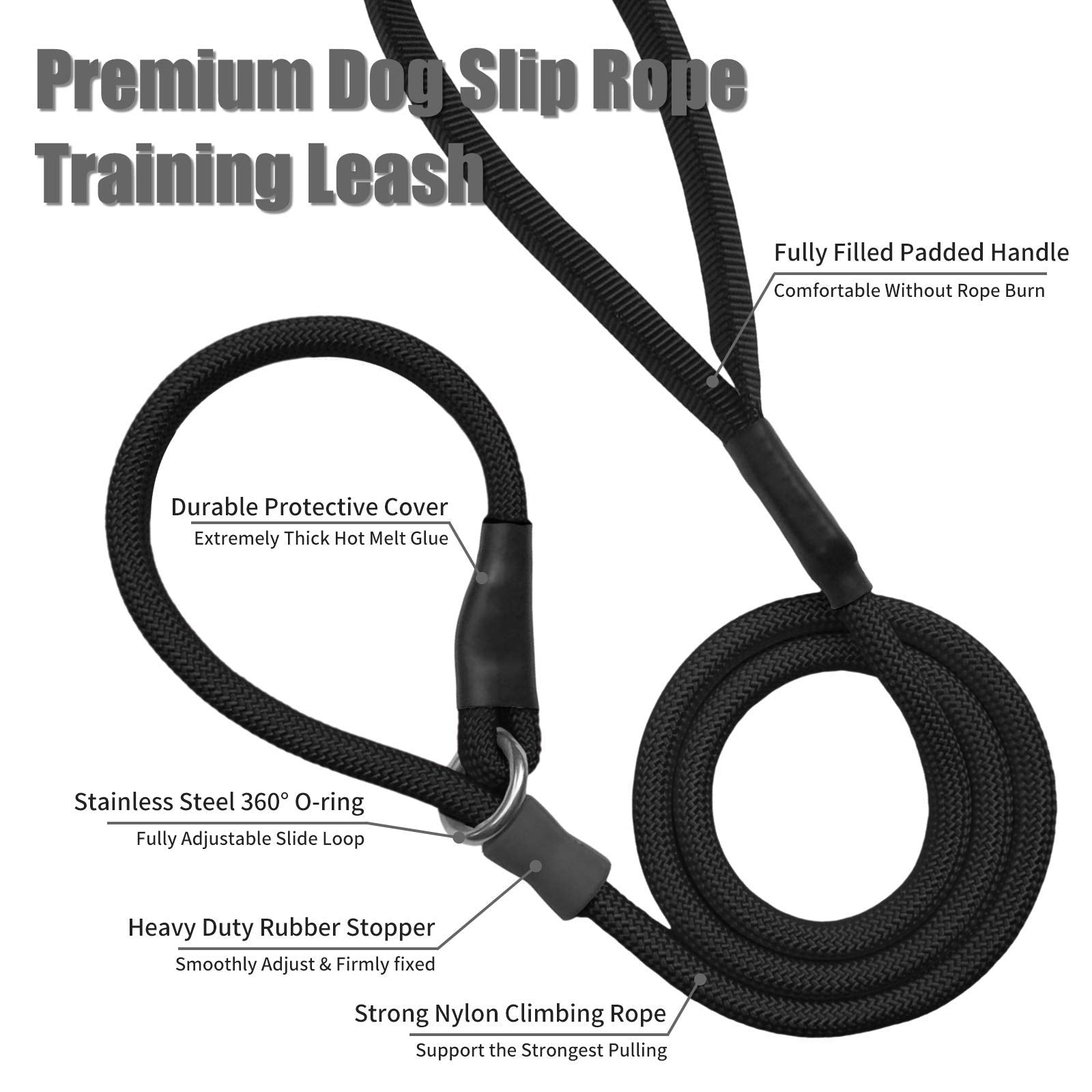 Strong Slip Rope Dog Training Leash (4Ft) 5Pc - Heavy Duty Durable Braided Nylon Lead With Rubber Stopper & Padded Handle - No P