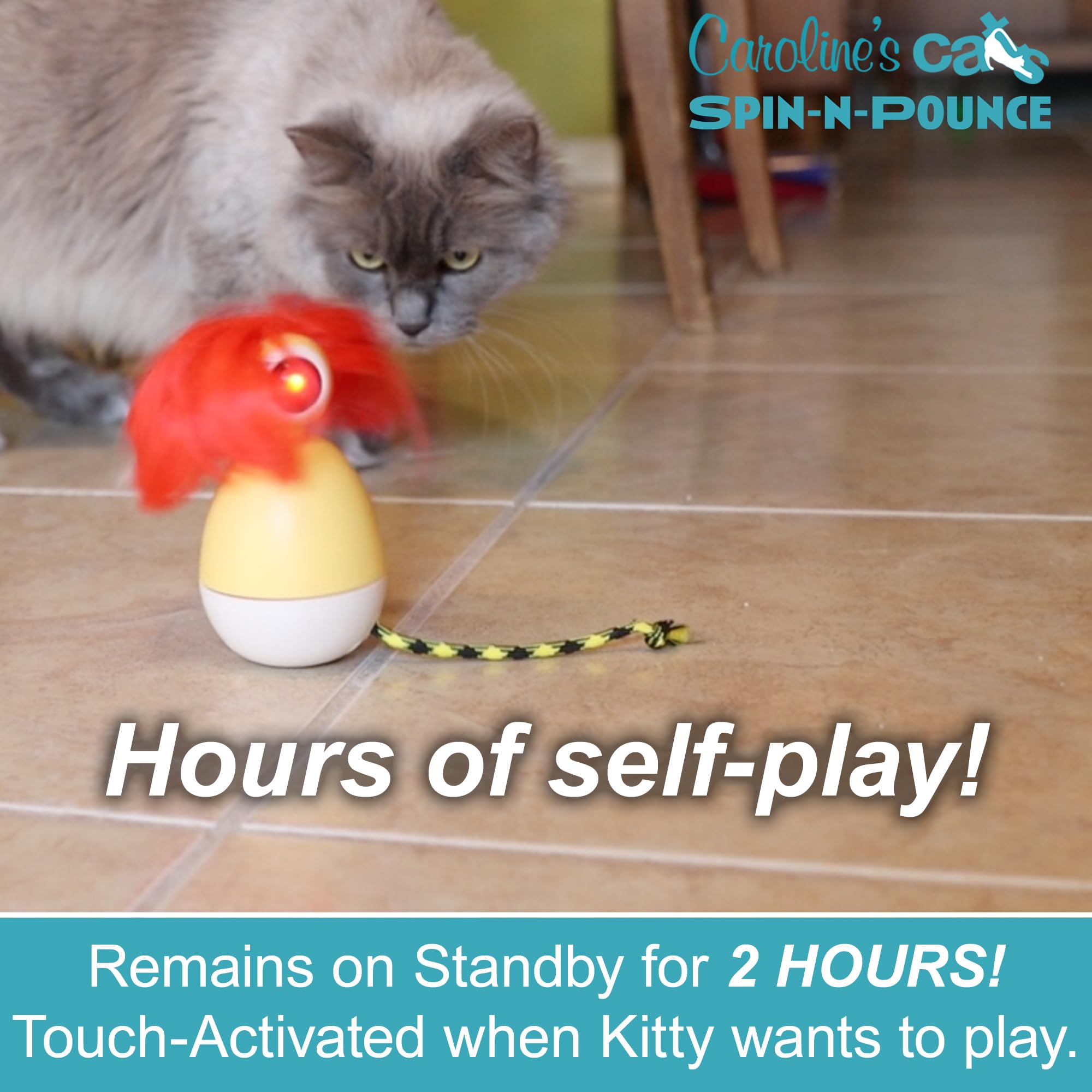 Caroline'S Cats Automatic Cat Toy - Rechargeable Spin-N-Pounce With Touch Sensor, Silent Motor, 360-Degree Rotation, Interactive