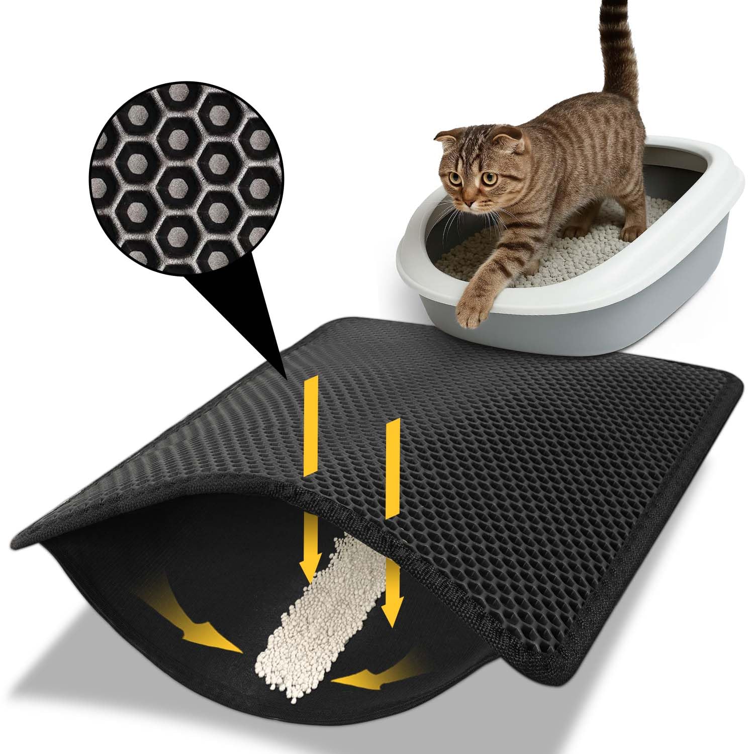 Conlun Cat Litter Trapping Mat For Small Spaces, 23.6''X14.6'' Space-Saving Litter Box Floor Mat, Hexagon Grids & Anti-Leak Base