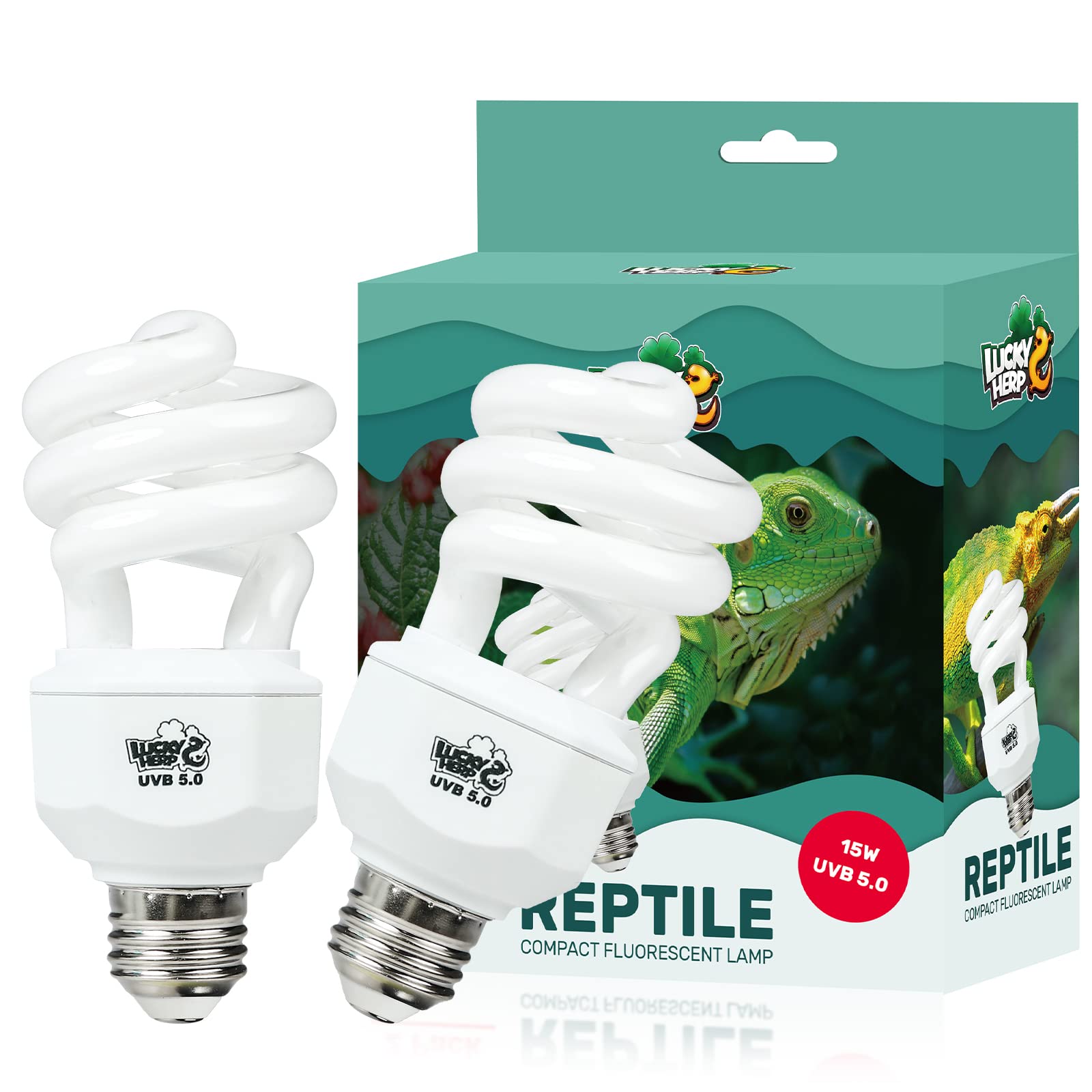 LUCKY HERP 2 Pack UVA UVB Reptile Light, 15W 5.0 UVB Bulb for Tropical and Sub Tropical Reptiles, Compact Fluorescent Terrarium 