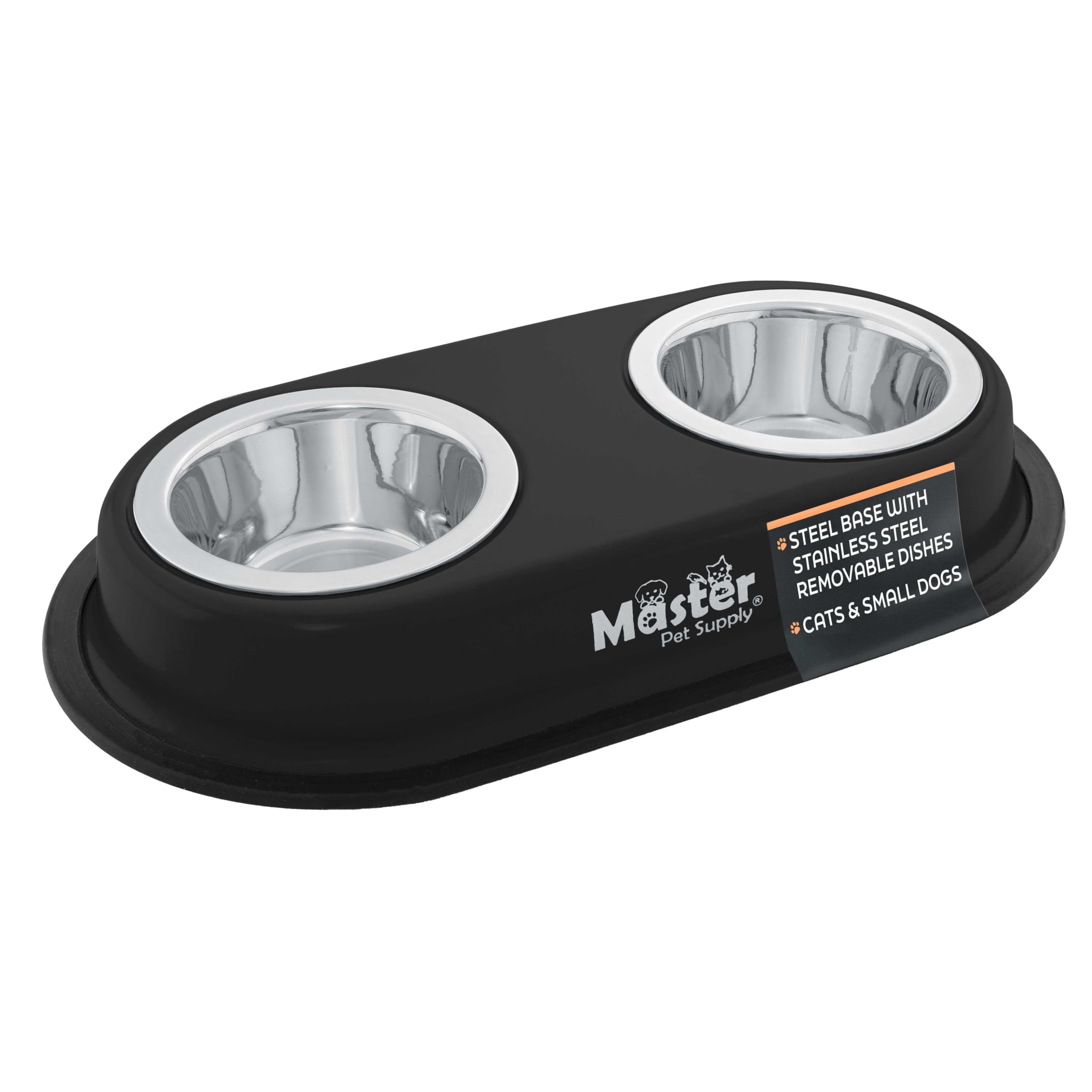 Master Pet Supply Double Dog Bowls Set with Elevated Base and 2 (8 oz) Stainless Steel Removable Dishes (Black Velvet) - Double 