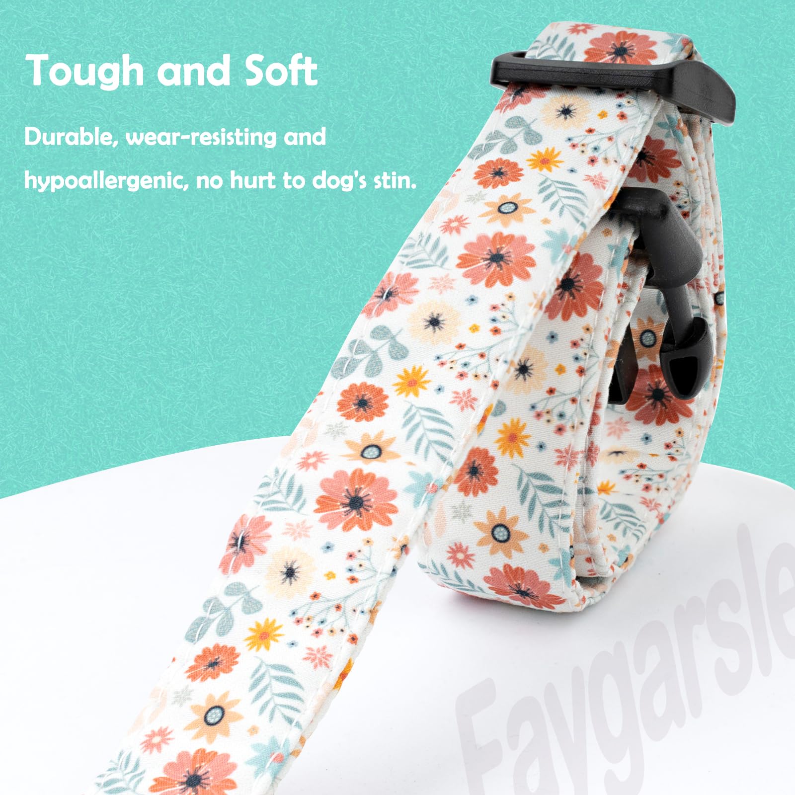Faygarsle Cotton Designer Dog Collar with Flower Charms, Size S, Beige for Small to Large Dogs