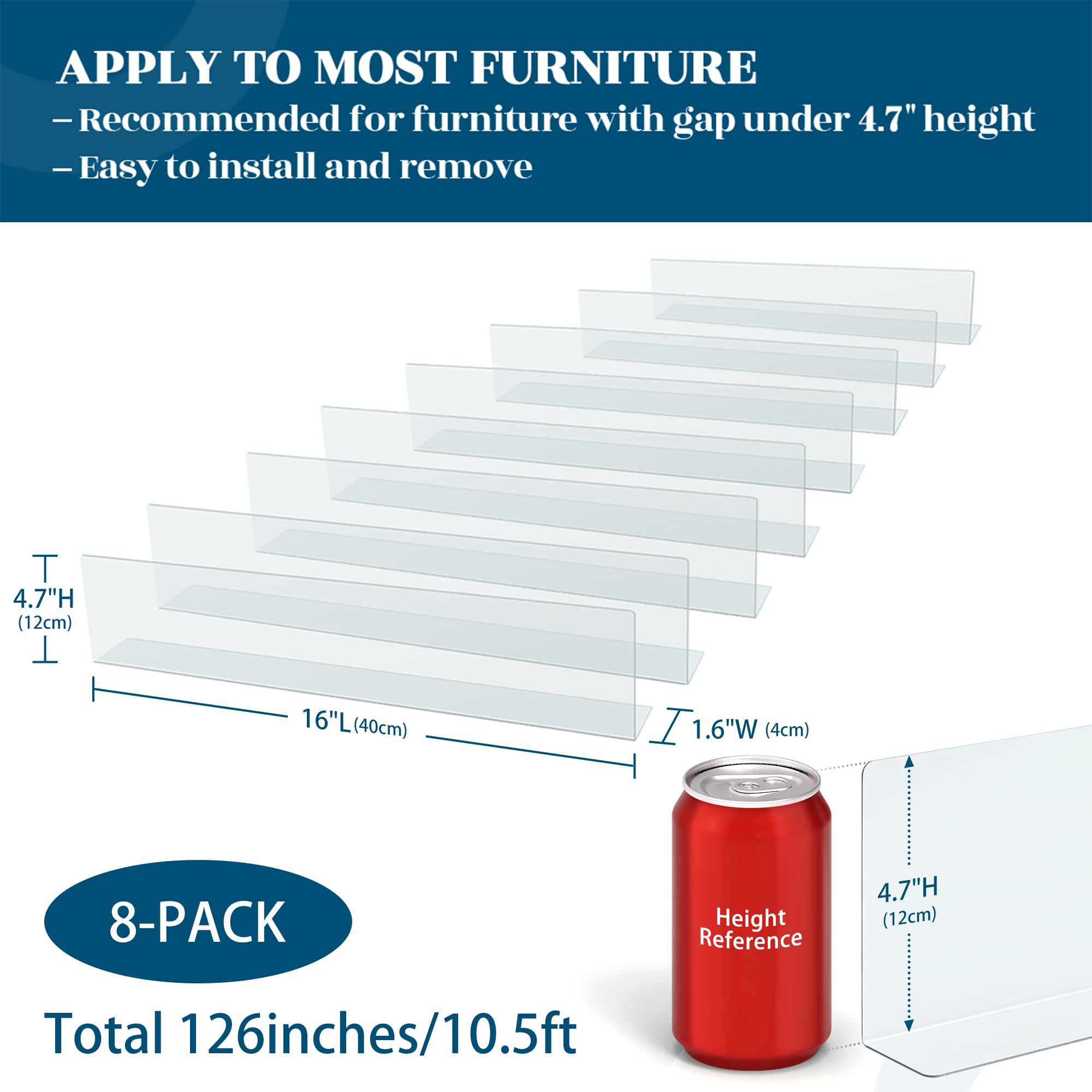 MOHOLD Under Sofa Blocker - 126'' Total Length, 4.7'' H, Clear PVC Couch Gap Bumper, 8 Pack