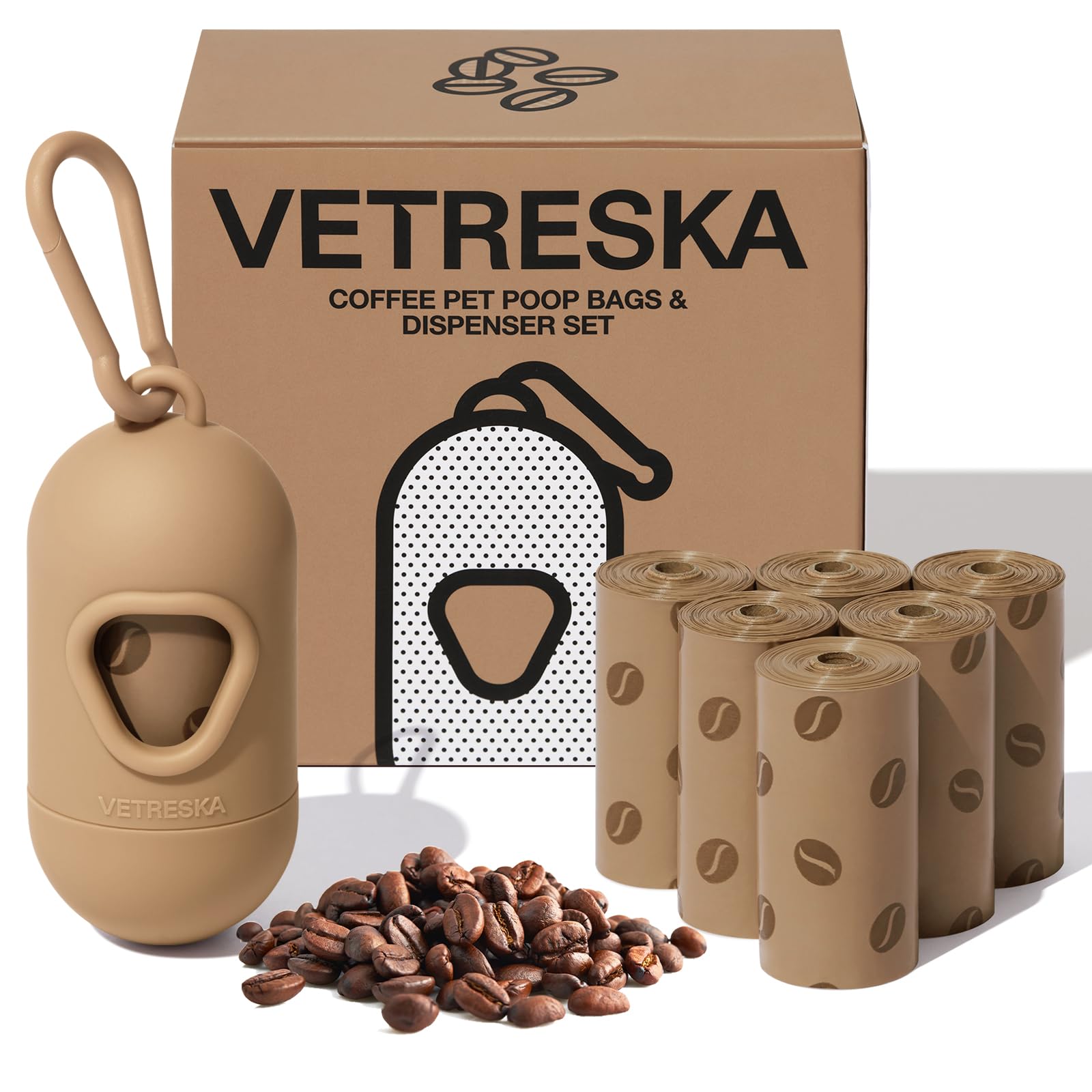 Vetreska Dog Poop Bags Dispenser With Coffee Scented Waste Bags, Leak Proof, Extra Thick & Strong, 1 Holder And 105 Count Pet Po