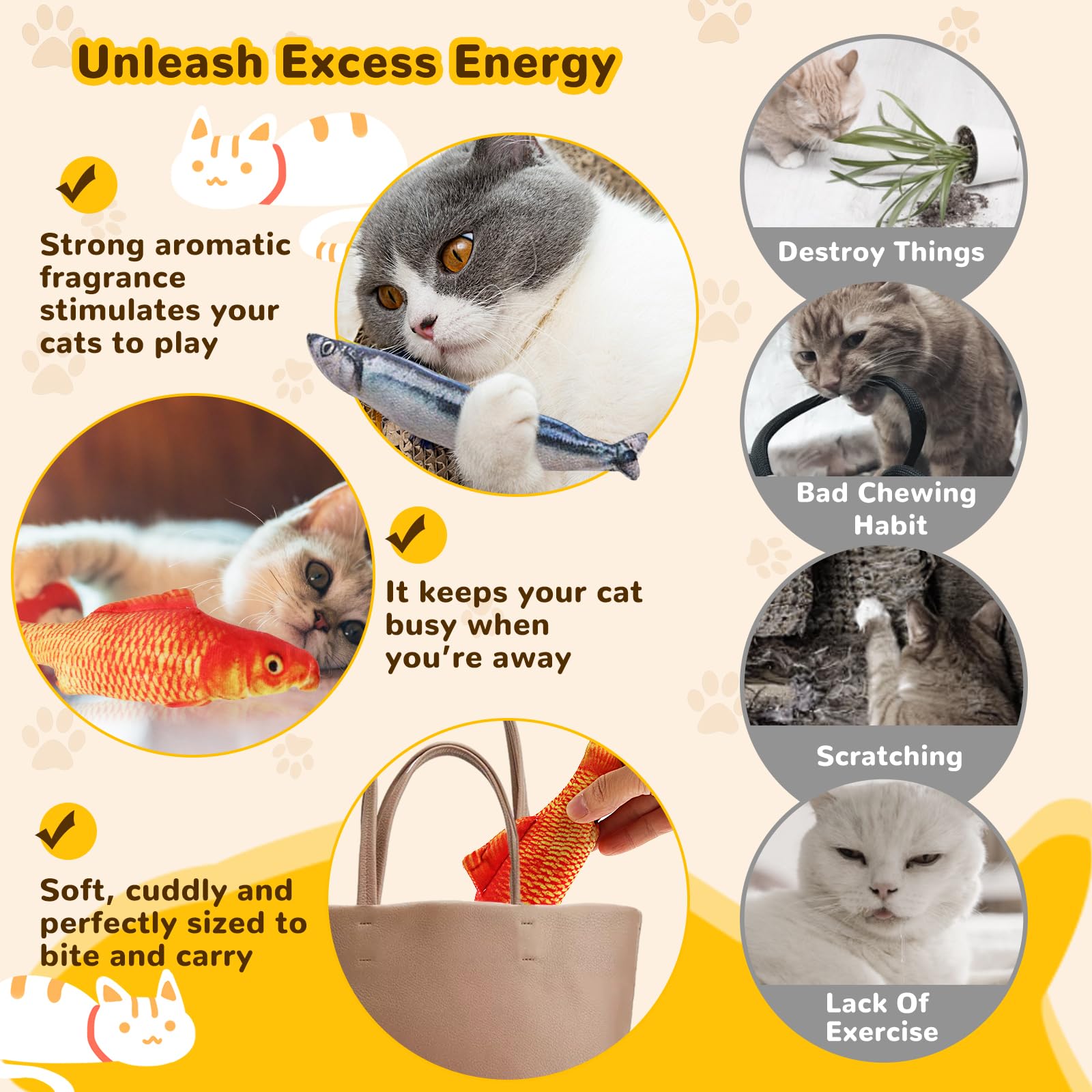 Hapy Shop Catnip Toys 5 Pack - Simulation Fish Shape Realistic Fluffy Catnip Doll Interactive Pets Pillow Chew Bite Supplies For