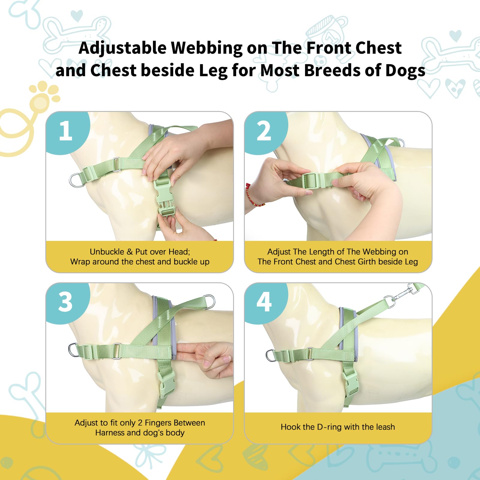 Wisedog No Pull Dog Harness - Adjustable Webbing Dog Halter Harness With Reflective Soft Padded For Large Dogs(Sage Green, Xs|Ne