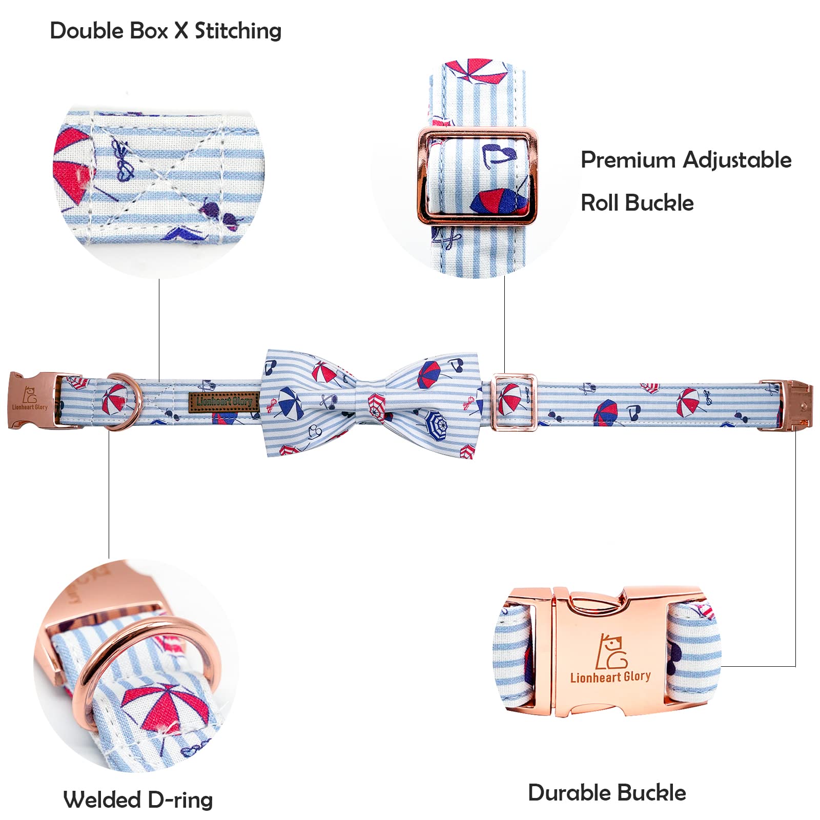 Lionheart Glory Dog Collar, Dog Collar With Bow, Summer Stripe Boy Dog Bowtie Collar Cute Pet Collar Gift For Medium Dog