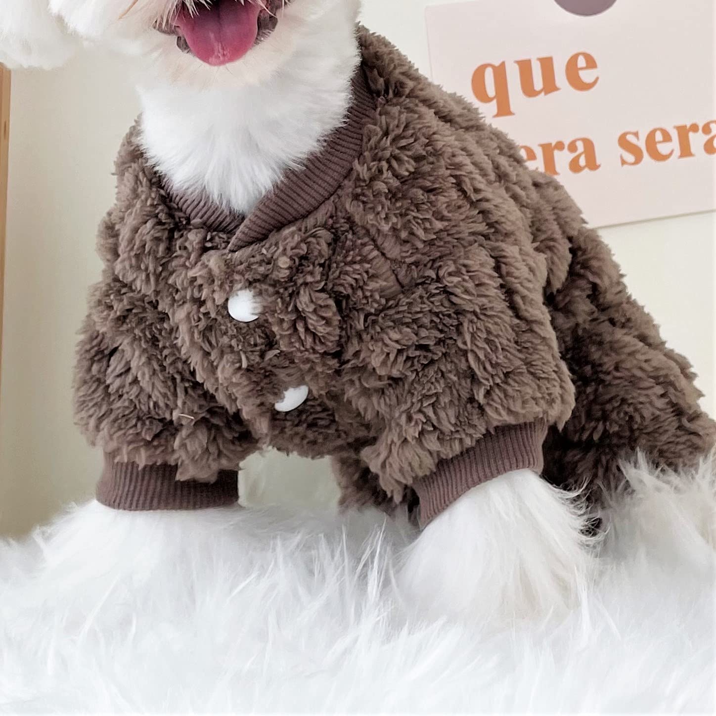 Loyanyy Plush Dog Pajamas For Cold Weather 4 Legged Clothes For Dog Cat Stretchy Puppy Kitten Onesie With Buttons Warm Soft Pet Jumpsuit Winter Coat Coffee Small