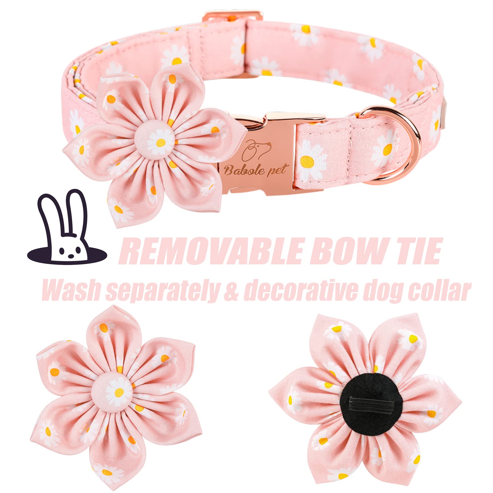 Babole Pet Dog Collar With Pink Daisy Flower Tie,Cotton Dog Collar With Safety Metal Buckle Adjustable Puppy Collars For Small Medium Large Boy&Girl Dog,Small,Neck 10'-16'