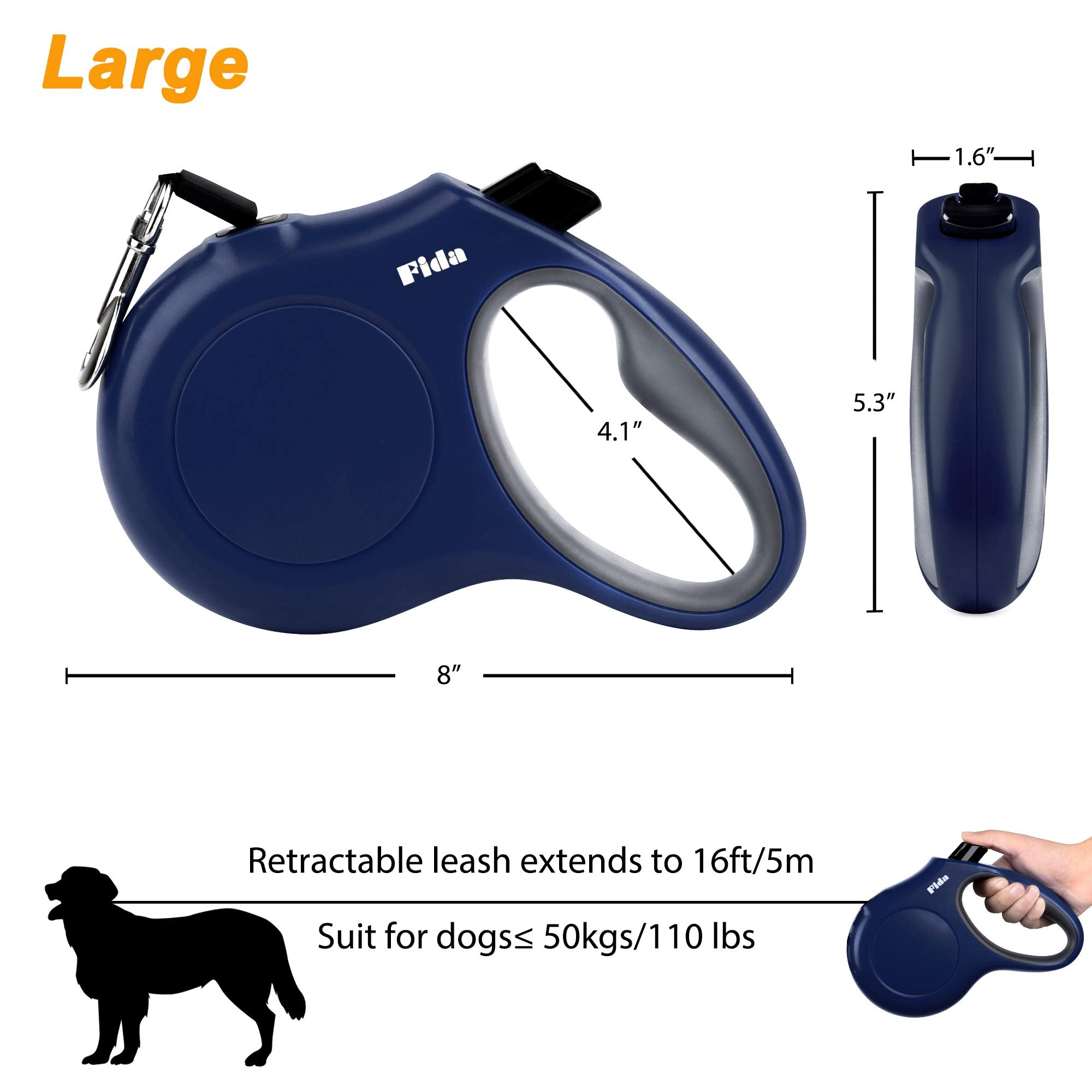 Fida Retractable Dog Leash With Dispenser And Poop Bags, 16 Ft Pet Walking Leash For Large Dog Up To 110 Lbs, Anti-Slip Handle, Tangle Free, Reflective Nylon Tape (L, Navy Blue)