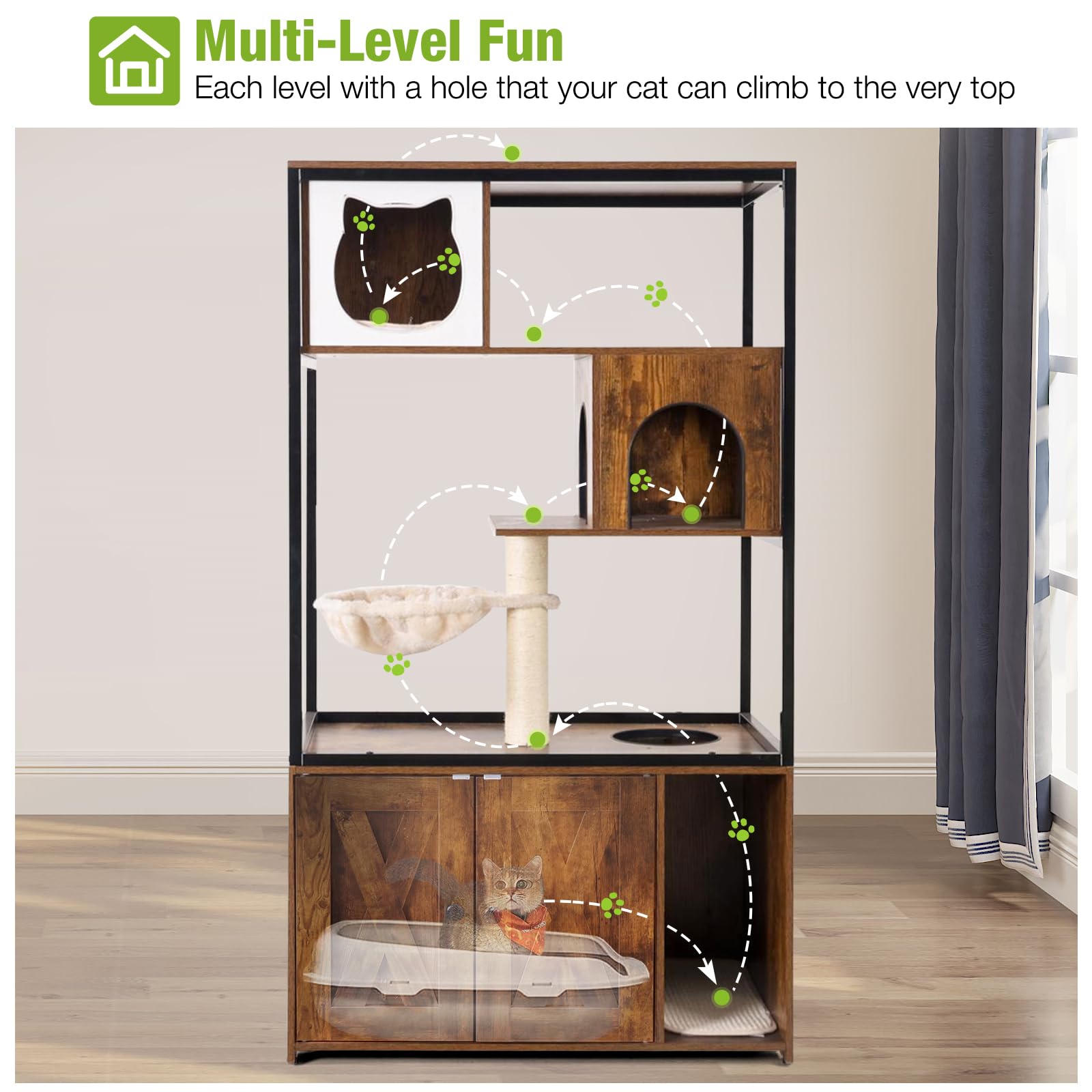 Gutinneen Cat Litter Box Enclosure Cat Tree With Hidden Litter Box Furniture Cat Tower Cat Condo With Cat Cave, Scratching Post,