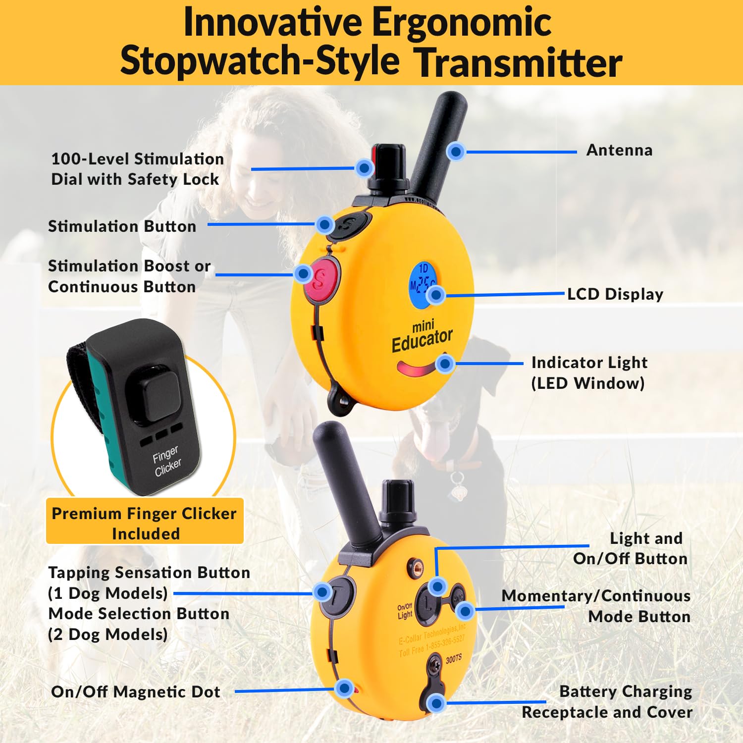 E-Collar - Educator Et-300-1/2 Mile Waterproof Remote Dog Training Collar Includes Premium Finger Clicker Trainer, 100 Programma