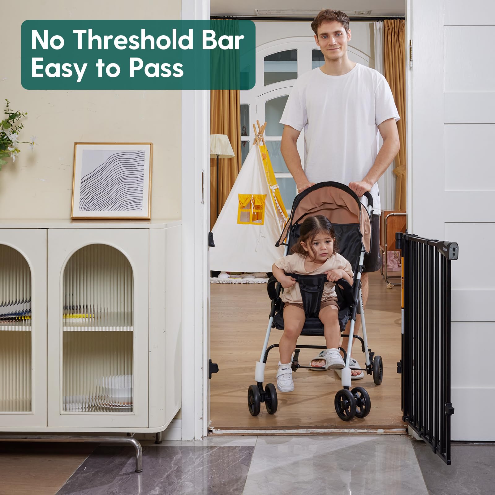 Babelio 26-43' No Bottom Bar Baby Gate For Babies, Elders And Pets, 2-In-1 Hardware Mount Dog Gate For The House, Stairs And Doorways, With Large Walk Thru Door, Black