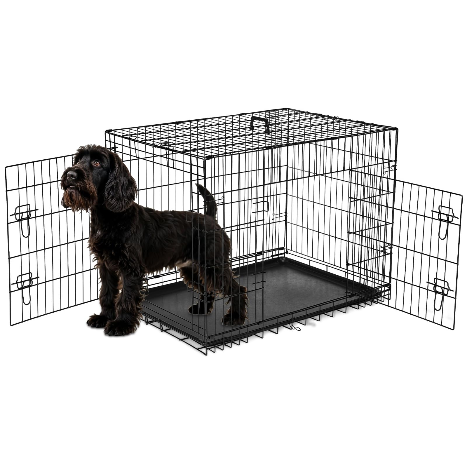 Simple Deluxe 36-Inch Dog Cage With Divider, Metal Wire Two-Door Folding Mid-Sized Pet Kennel With Leak-Proof Plastic Tray, Port