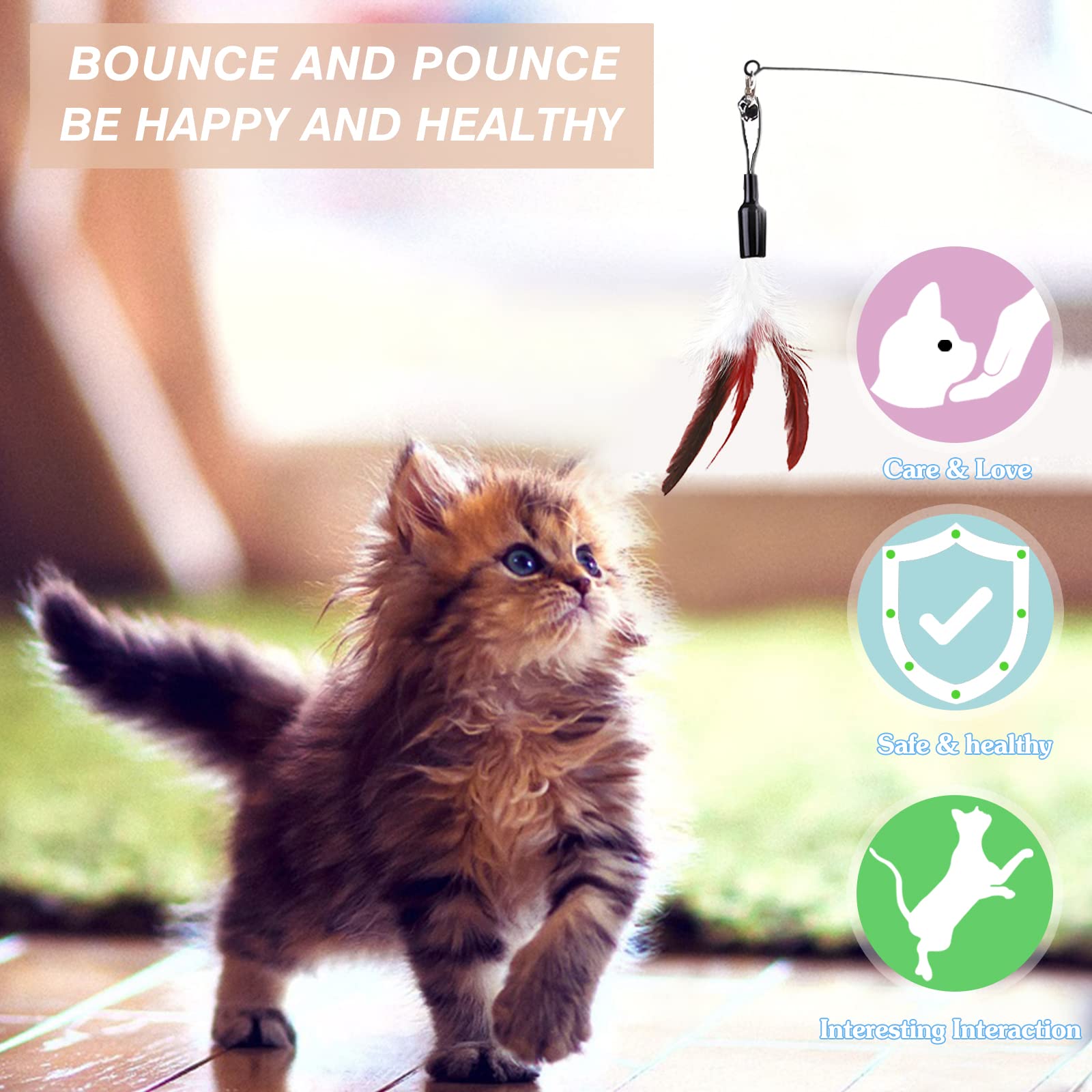 Pawaboo Feather Teaser Cat Toy, Interactive Feather Wand Cat Toy Flying Feather Cat Catcher With Extra Long 34.5' Wand And Small Bell, Exerciser Playing Toy For Kitten Or Cat, Wine Red & White Feather