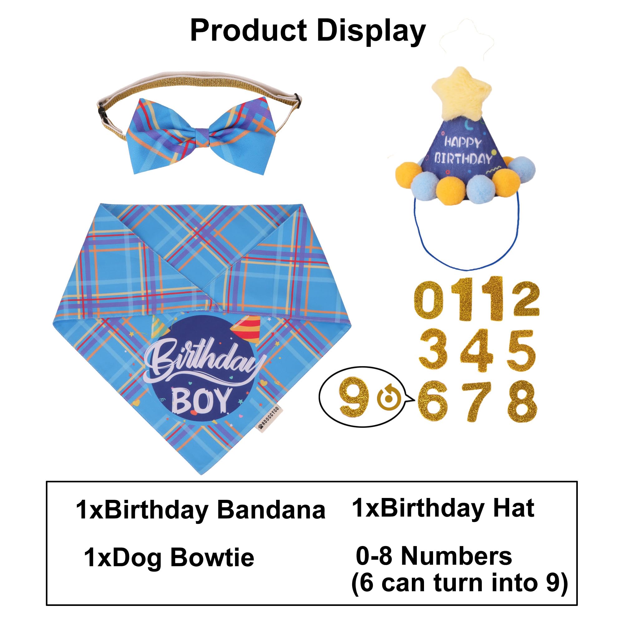 Adoggygo Dog Birthday Party Supplies, Blue Birthday Boy Puppy Bandana, Bowtie, Numbers, Party Hat For Small Dogs (Small)