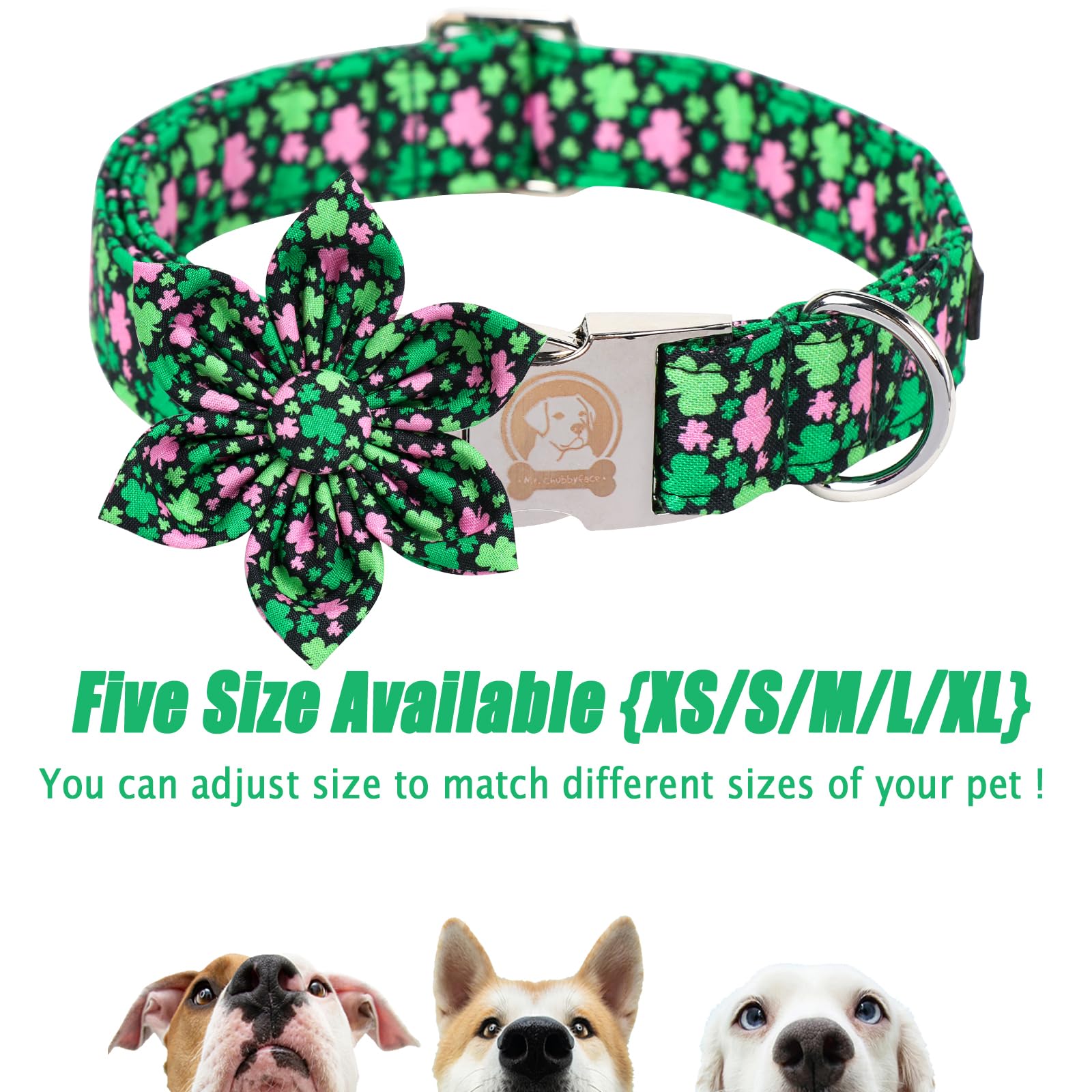 Mr. Chubbyface St.Patrick'S Clover Dog Collar With Flower, Pink Green Clovers Shamrock Adjustable Dog Collar, Cute St.Patrick'S