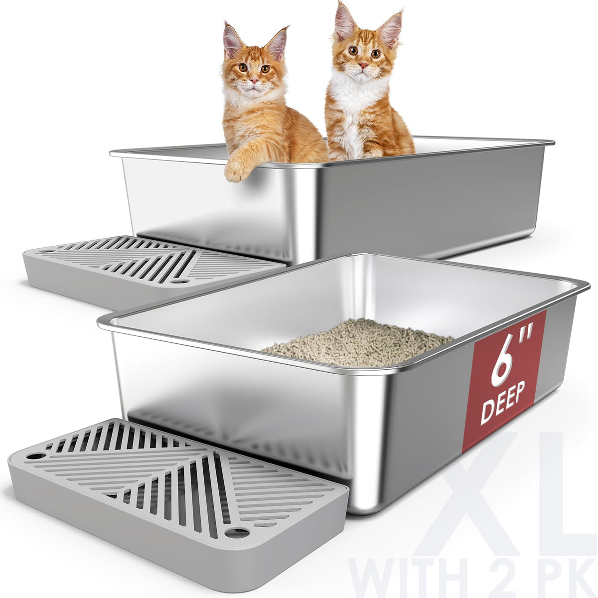 2 Pack 23.6'' X 15.7'' X 6'' Deep & Extra Large Stainless Steel Cat Litter Boxes, High Sides Metal Cat Litter Box For Multi-Cats