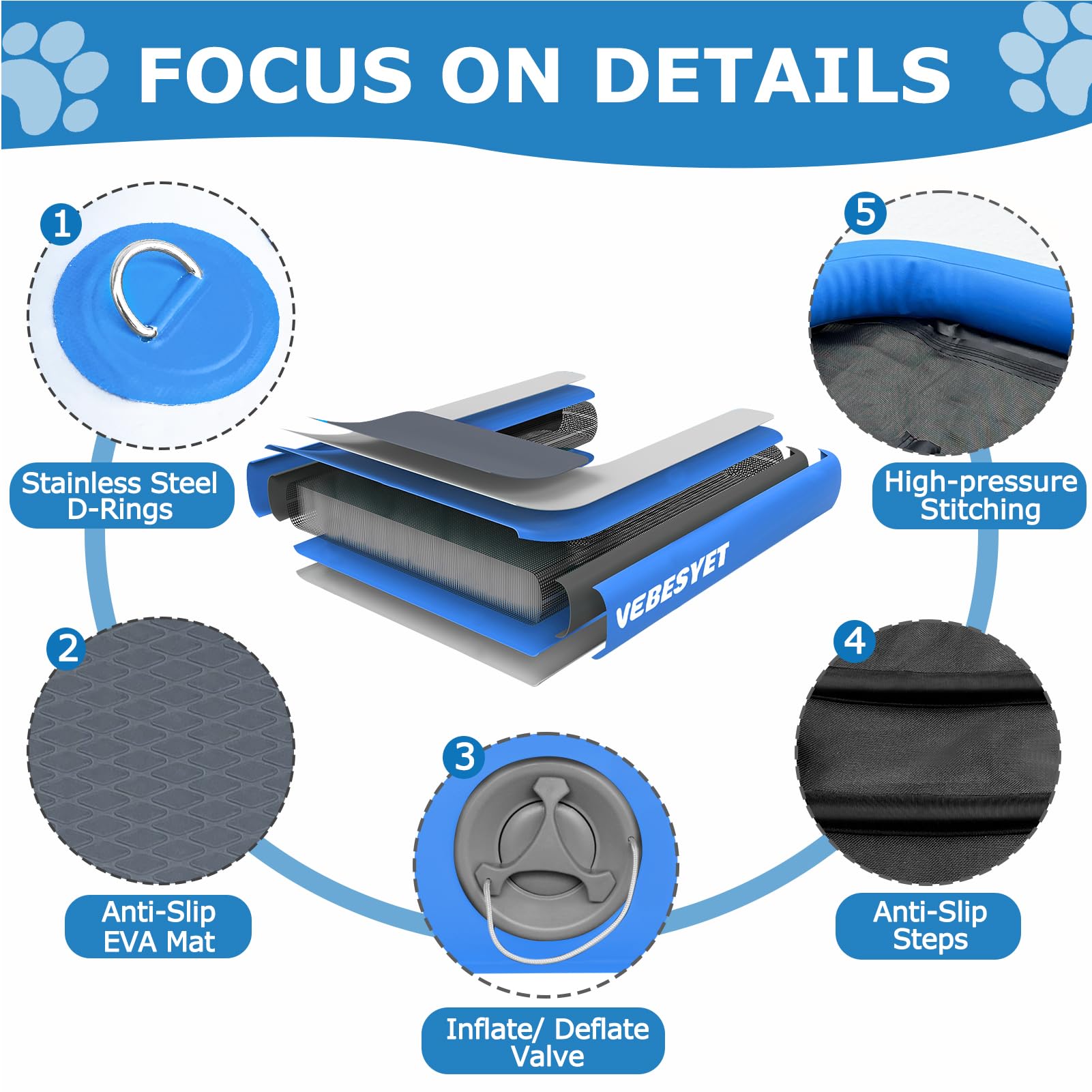 VEBESYET Inflatable Dog Ramp, 5FT Non-Slip EVA Ladder for Pools & Boats, Supports Pets Up to 220LBS, Blue - Model VE-005