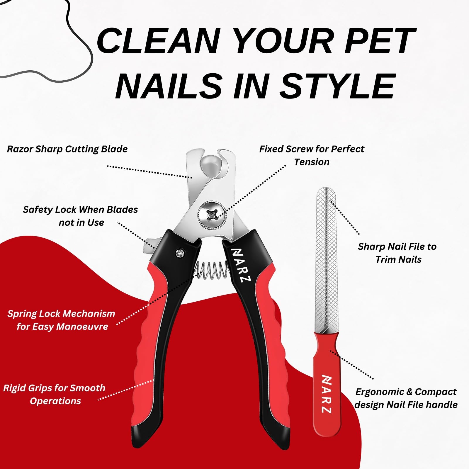 NARZ Professional Dog Nail Clippers & Cat Nail Trimmers, Regular Size, Red Rubber, Includes Safety Lock & Nail File