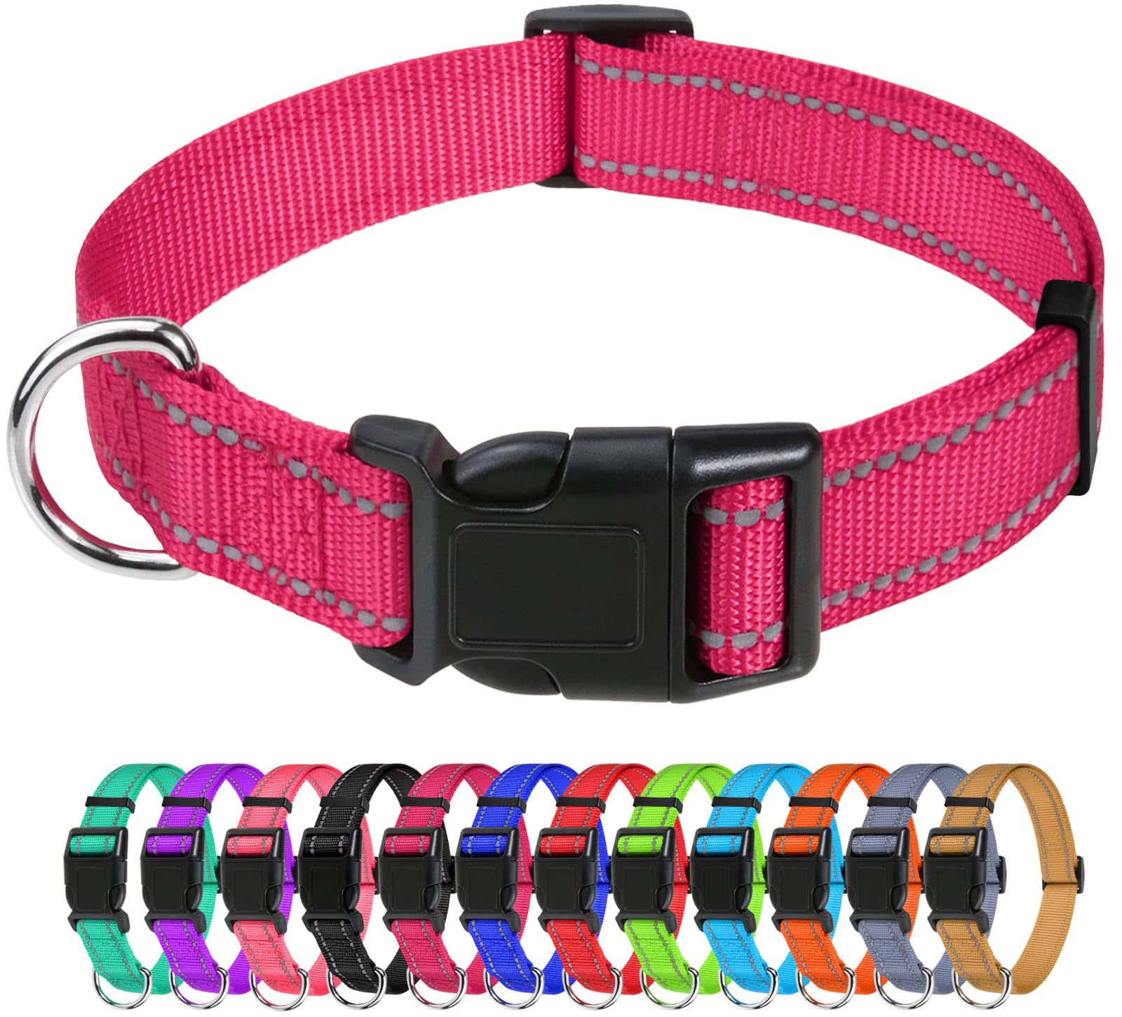 Tagme Reflective Nylon Dog Collars, Adjustable Classic Dog Collar With Quick Release Buckle For Small Dogs, Hot Pink, 3/4'' Widt