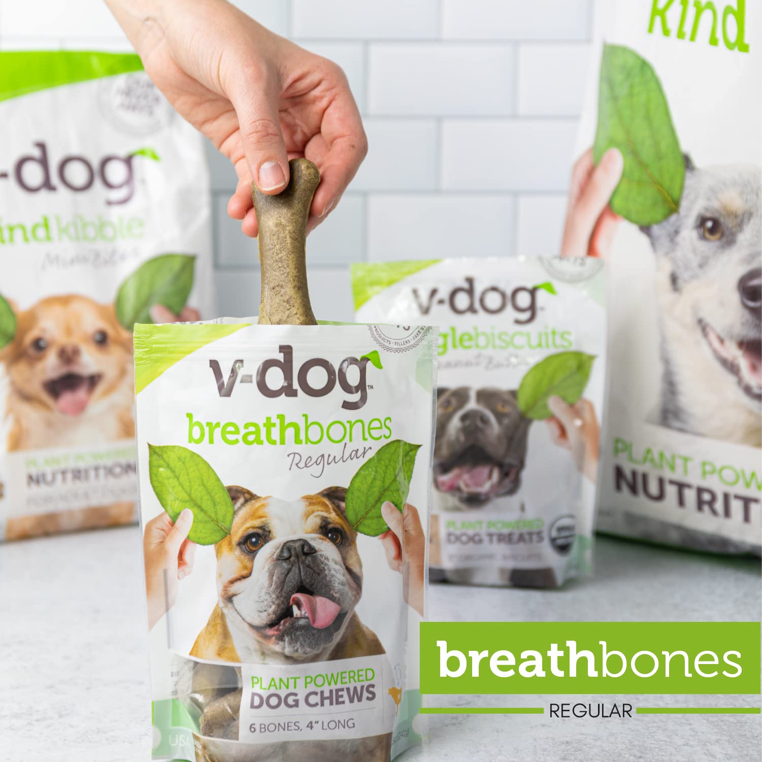 V-dog Dog Treats - Vegan Breathbone Teeth Cleaning Dental Dog Bones - Fresh Breath - 8 Ounces - All Natural - Made in USA - 6 Bo