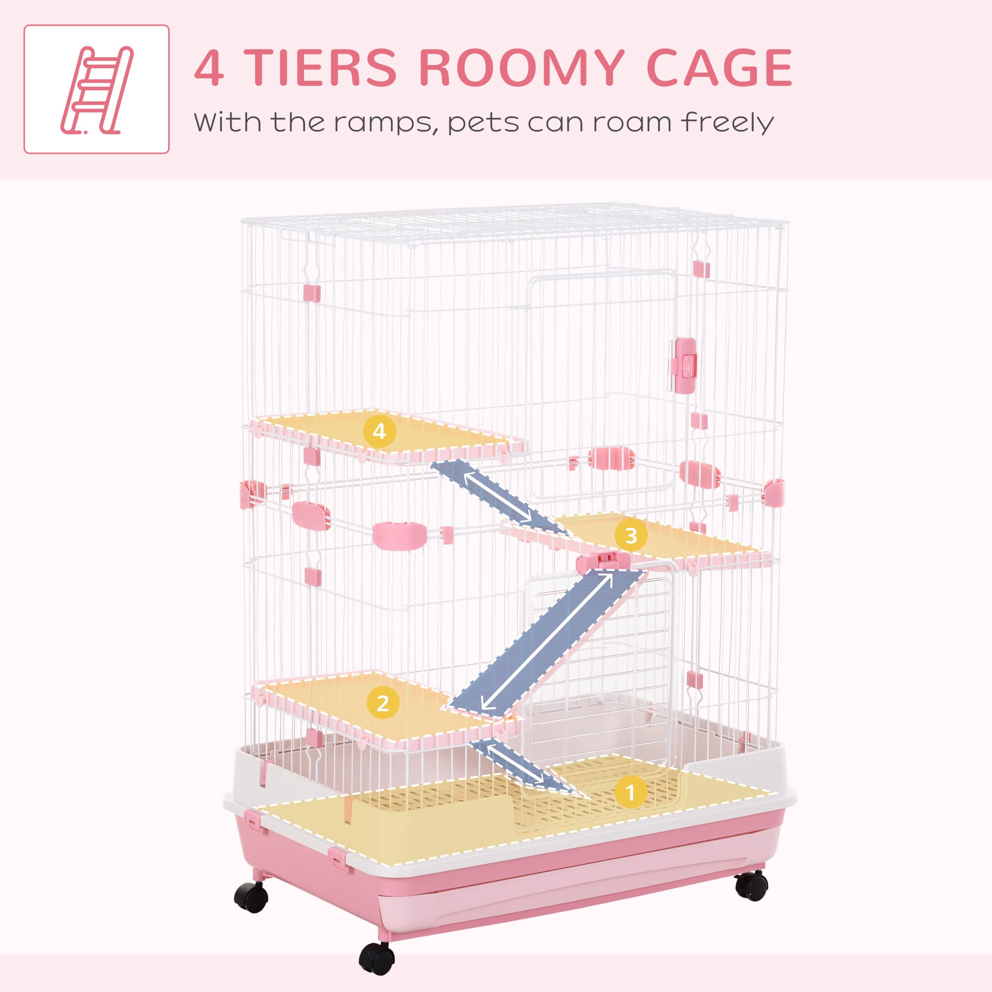 Pawhut 4-Level Small Animal Cage Rabbit Hutch With Wheels, Removable Tray, Platform And Ramp For Bunny, Chinchillas, Ferret, Pink