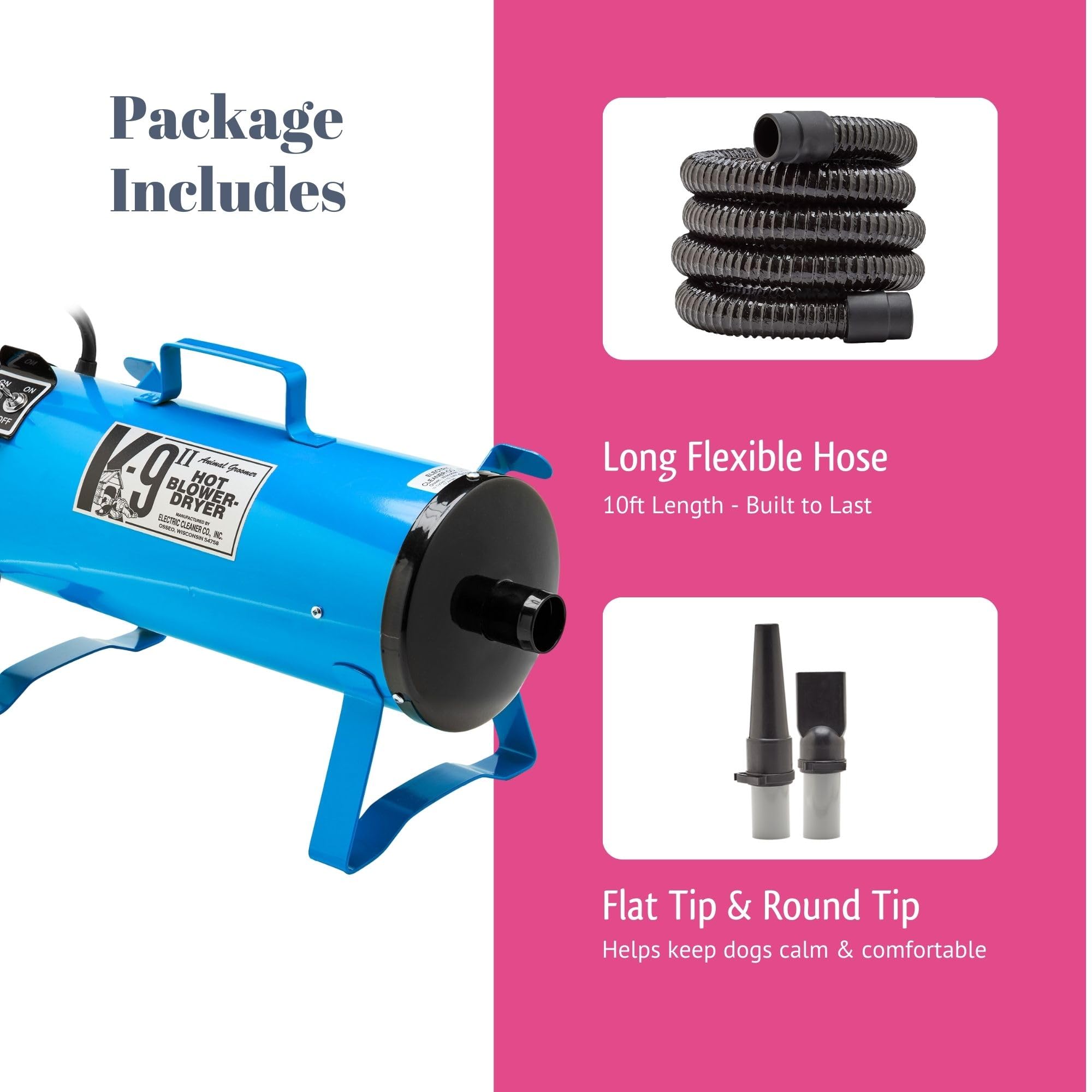 Electric Cleaner Company K9 Ii Dog Blow Dryer - High Power Grooming Dryer, Heavy Duty, 10' Hose, Deshedding, Burgundy