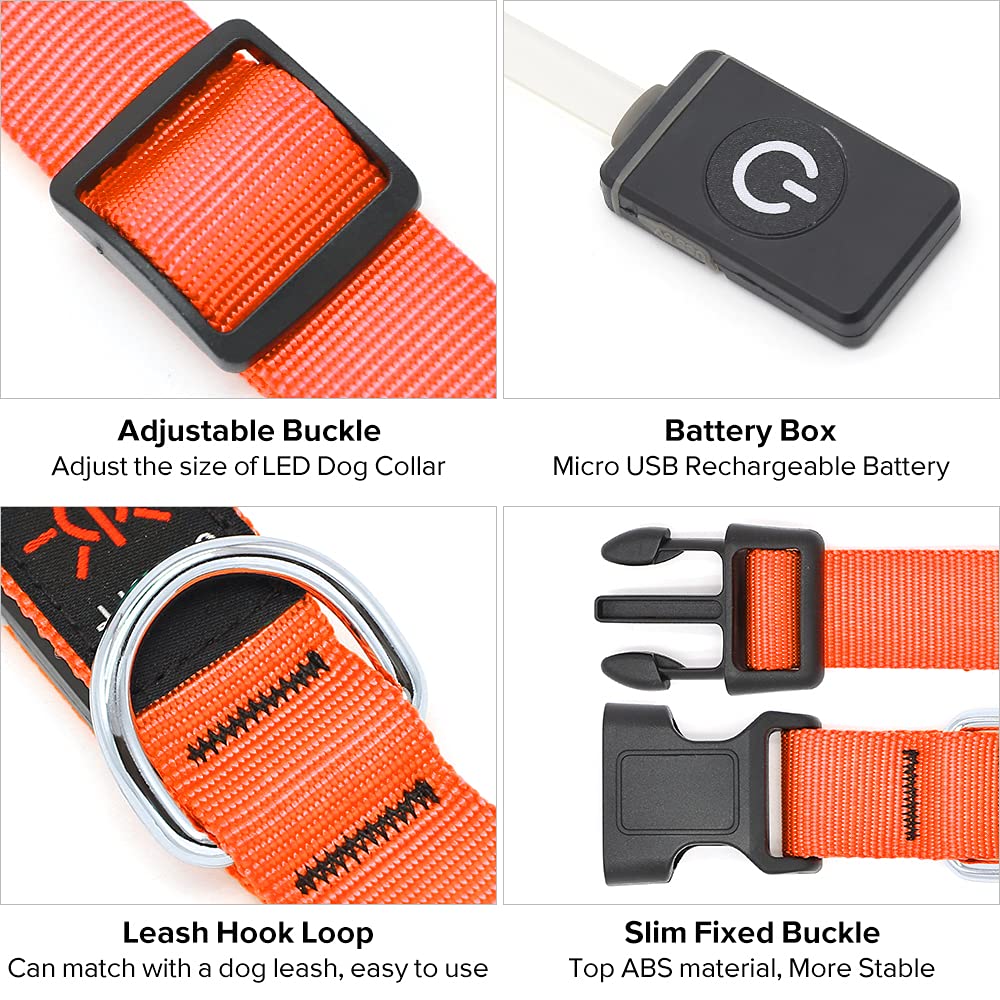 Illumifun Led Dog Collar, Usb Rechargeable Lighted Up Dog Collar, Adjustable Glowing Pet Safety Collar Light For Your Dogs Walking At Night (Orange, Medium)