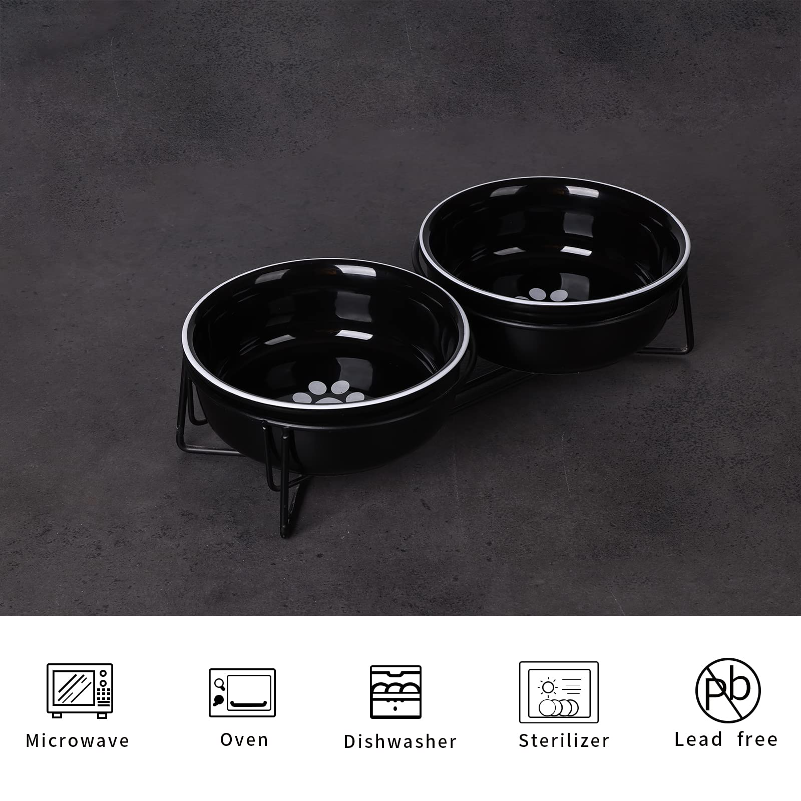 Gdcz Ceramics Raised Cat Small Dog Bowls With Heighten Metal Stand,15 Ounces (Black)