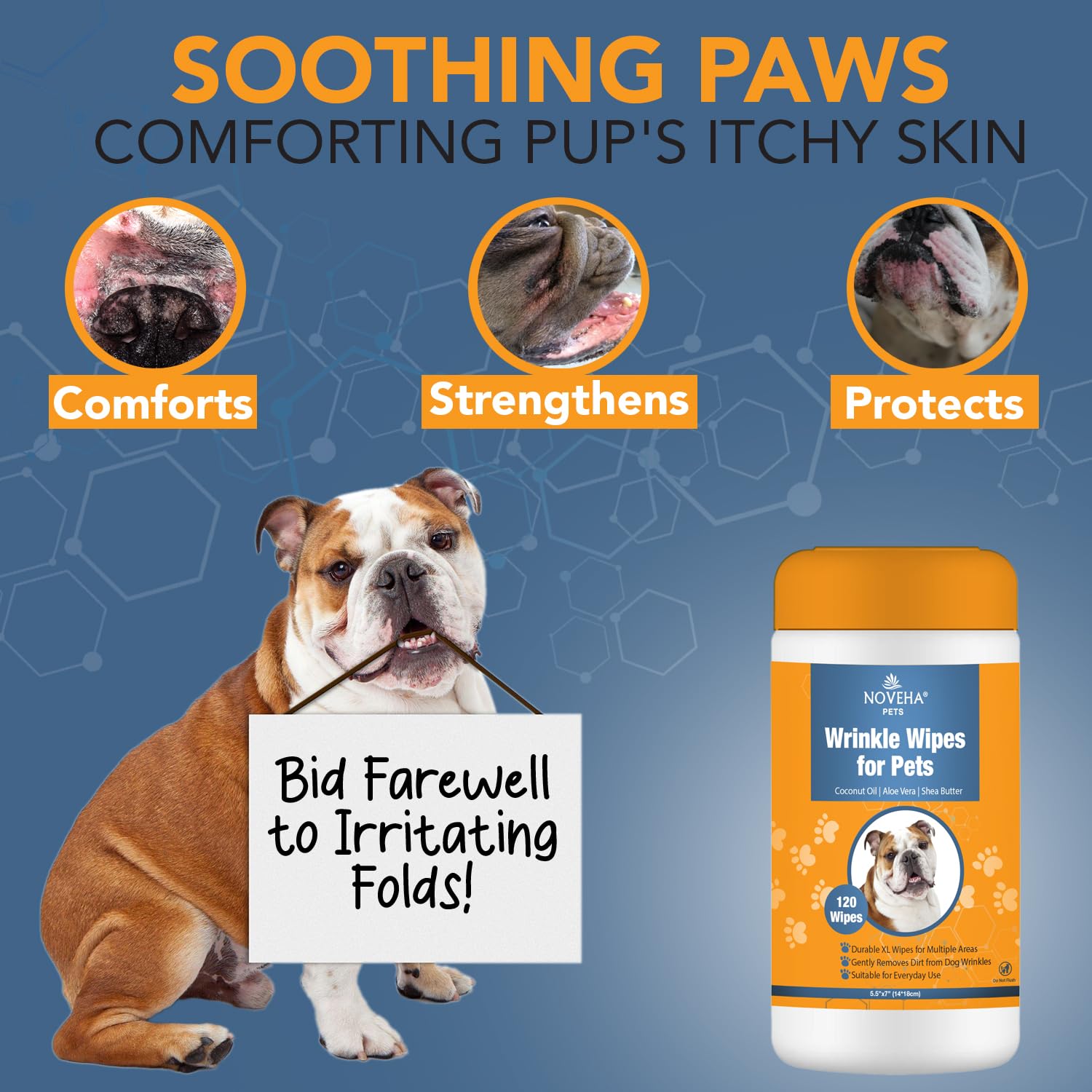 NOVEHA 120PC Large Dog Wipes - Deodorizing, Removes Dirt & Tear Stains, for Bulldogs & Pugs, 5”x7”, Clear, Model WWVAR