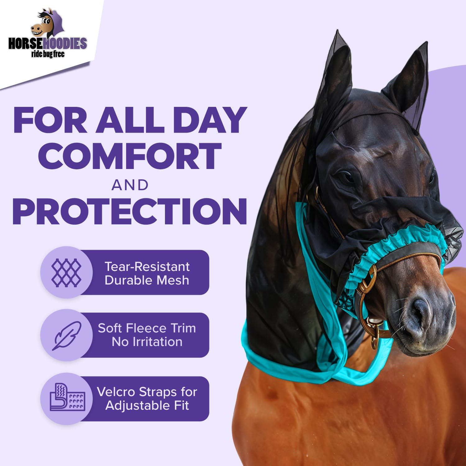 Full Horse Fly Mask with Ears - Aqua Nose-to-Wither Fly Masks for Horses with Ears Full Hoodie Horse Mask with Ear Protection So