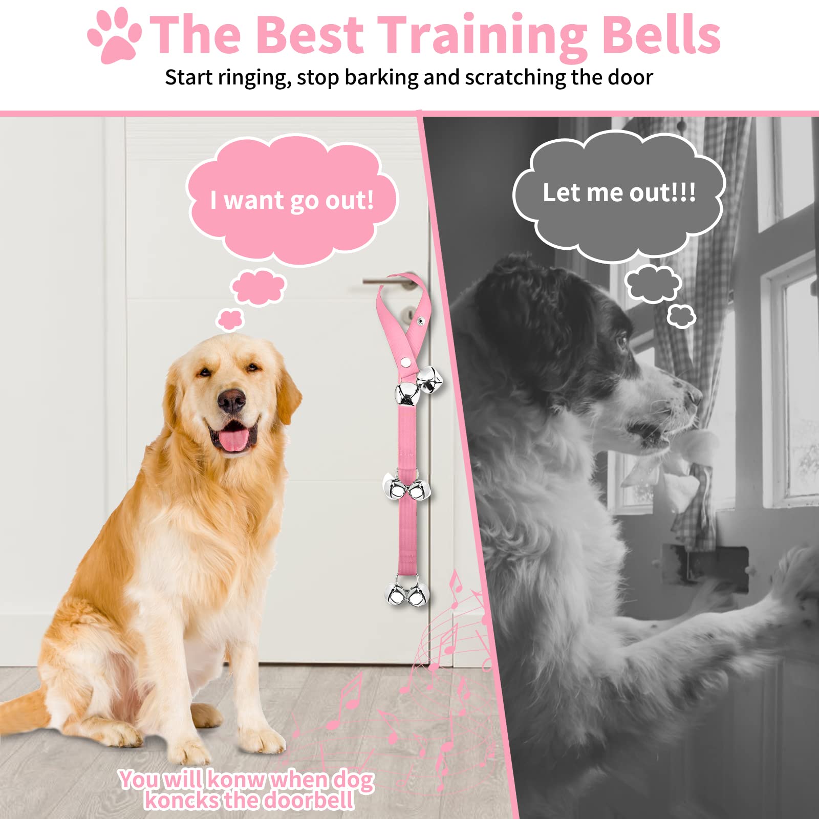 Jimejv 2 Pack Dog Doorbells, Pet Training Bells For Go Outside Potty Training And Communication Device Large Loud Dog Bell Cat Puppy Interactive Toys Adjustable Strap Door Bell (Pink)