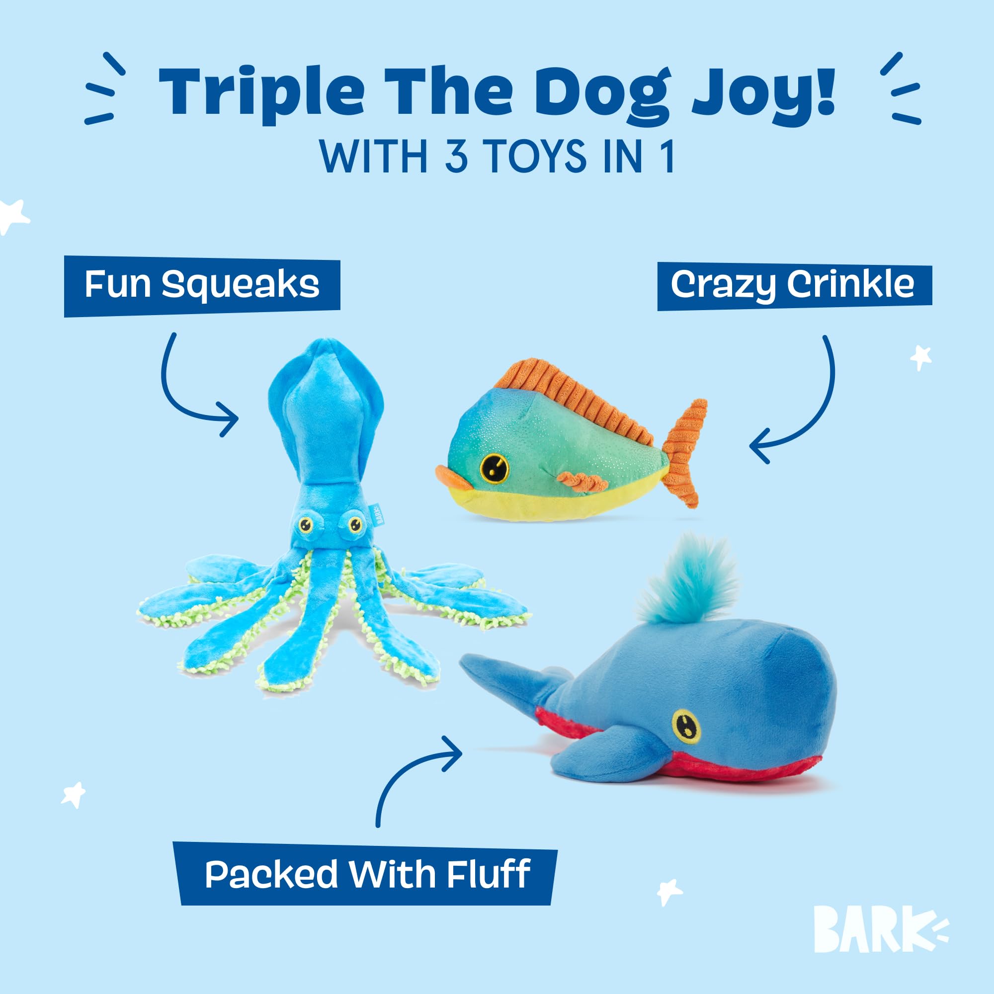 Barkbox Under The Sea Bundle - 3 Toys For Medium And Large Dogs - Squeaky Dog Toy, Tug Toy, Plush Chew Toys - Maggie Mahi, Shify