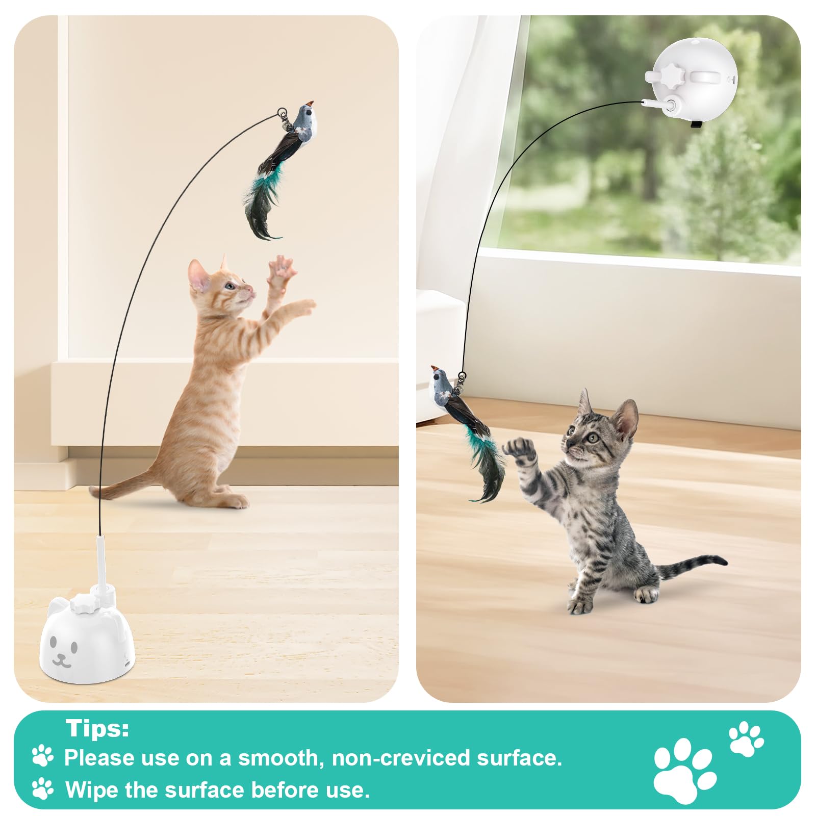 Xuyub Cat Toys Feather Wand Enhanced Suction Cup Interactive Cat Toy Auto-Swing Cat Wand Toy With 3Pcs Replacement Teaser Refill