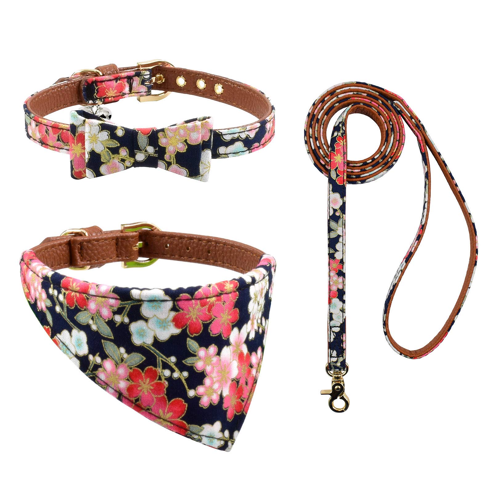 3Pcs Bow Tie Dog Collar And Leash Set Plaid/Camo/Dots/Flower Dog Bandanas With Bell 3 Size Adjustable For Small Dogs Puppies And Cats (S, Black Flower)