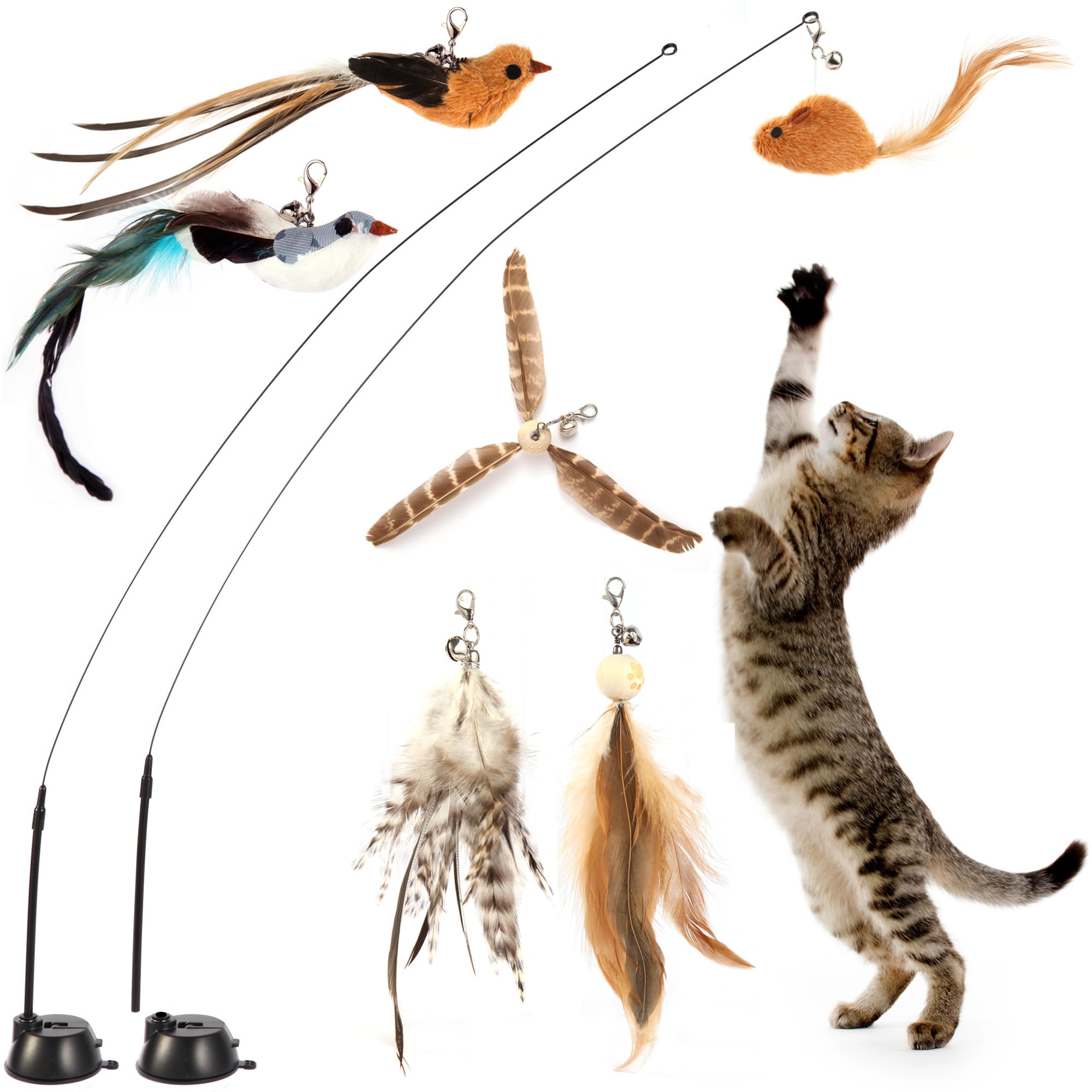 Maiguangta Interactive Bird Simulation Cat Toy Set,Cat Wand Toys,Wand Self-Holding Suction Cups Base,Include Detachable 6 Pcs Re