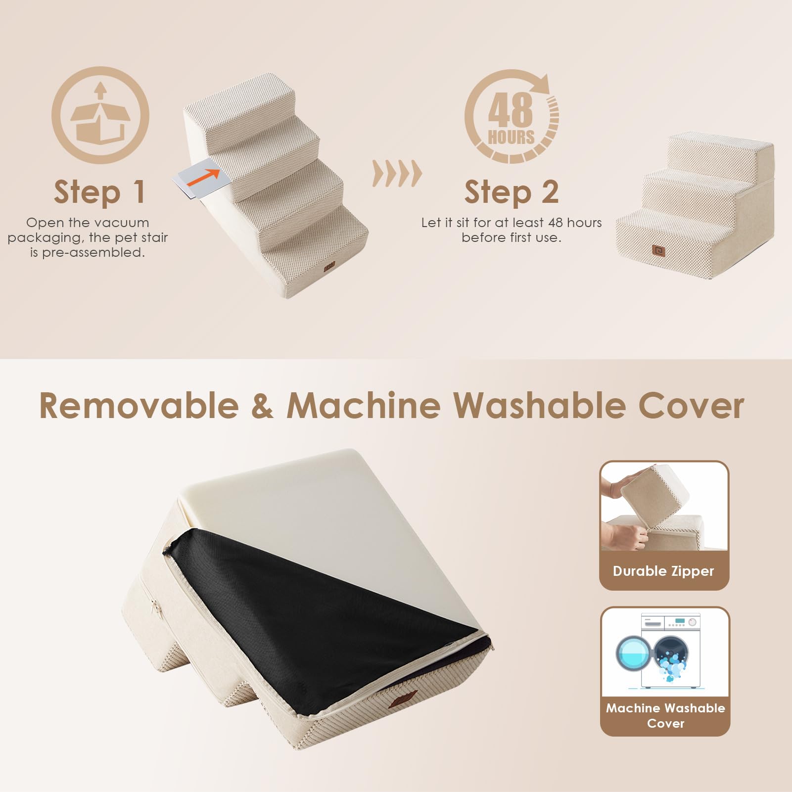 Eheyciga Dog Stairs For Small Dogs 13.5' H, 3-Step Dog Steps For Couch Sofa And Chair, Pet Steps For Small Dogs And Cats, Non-Slip Balanced Dog Indoor Ramp, Beige