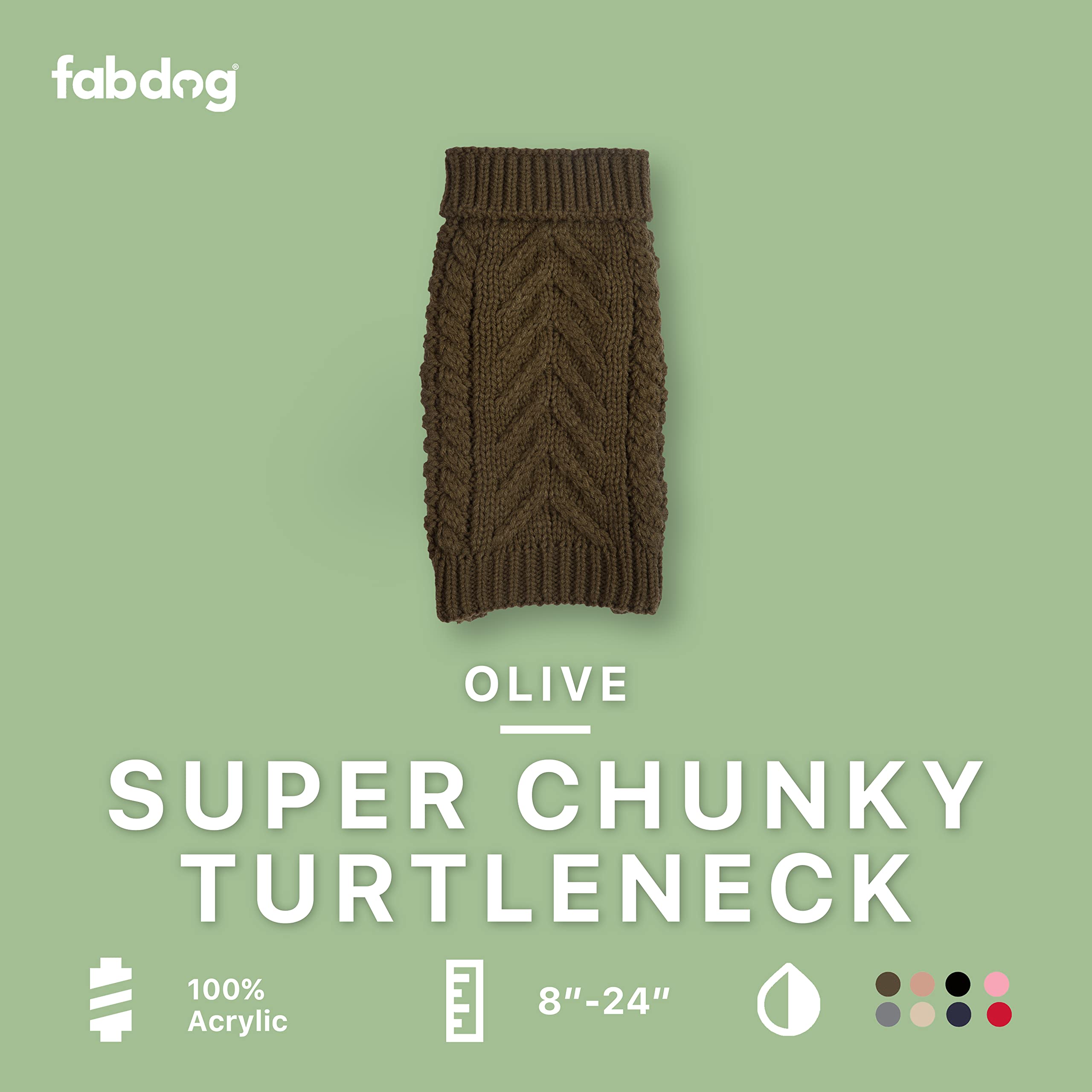 Fabdog Dog Sweater - Cute Chunky Knit Turtle Neck Designs For All Dogs - Durable & Soft Pet Clothes - Ideal Gift | Fits Neck Sizes 8' | Olive