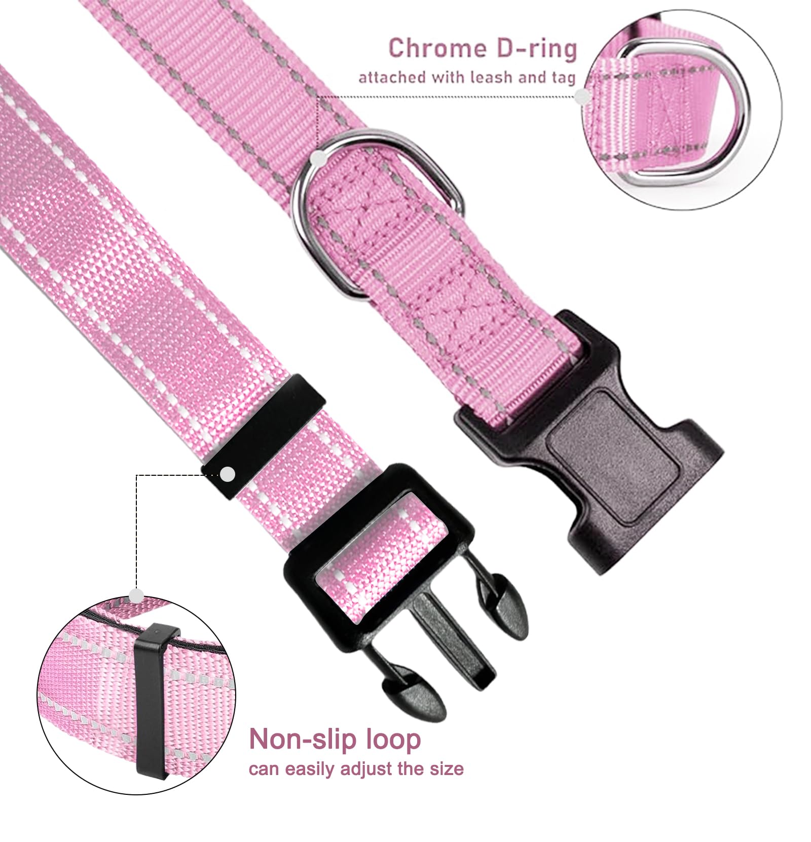 Large Dog Collar, Reflective Pet Collar With Buckle Adjustable Safety Nylon Collars For Small Medium Large Dogs, Light Pink